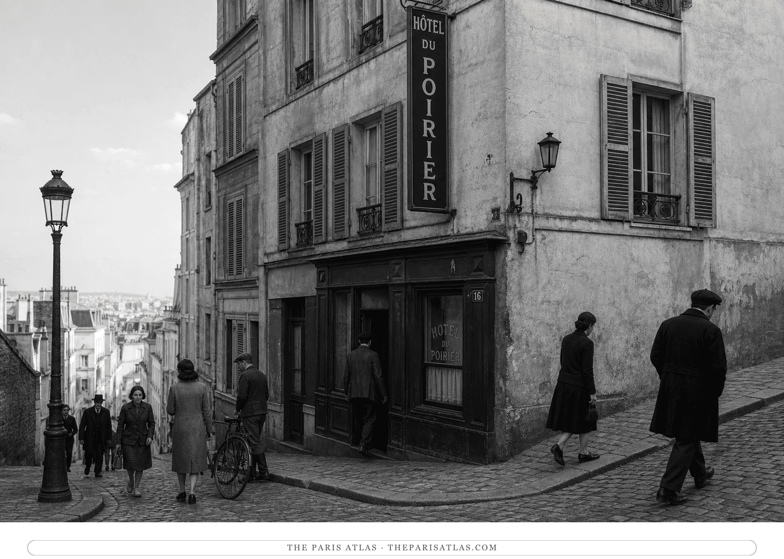 Black-and-white reconstruction of the Hôtel du Poirier on rue Ravignan in 1940