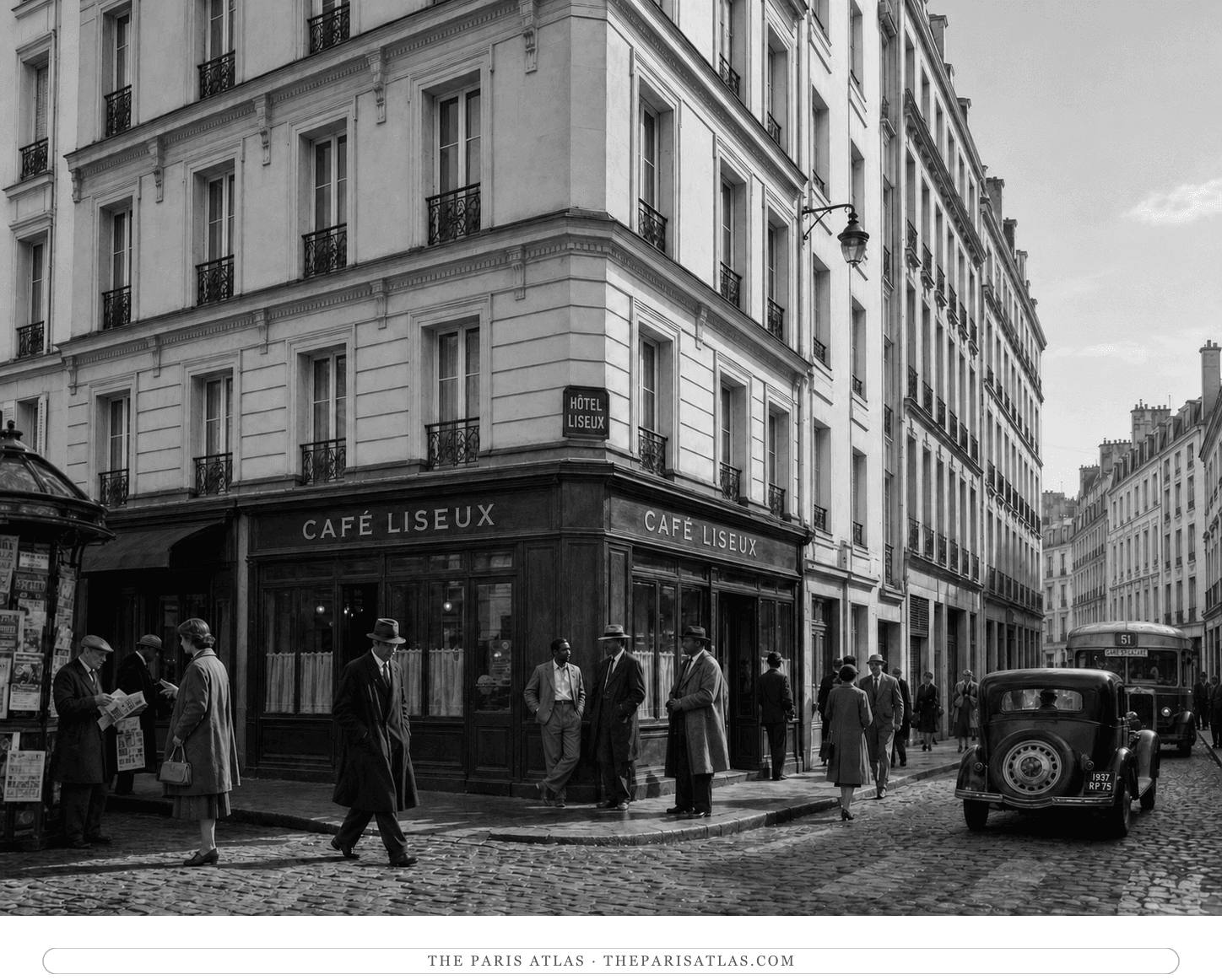 Black-and-white reconstruction of Café Liseux and Hotel Liseux at 24 rue Fontaine in 1937
