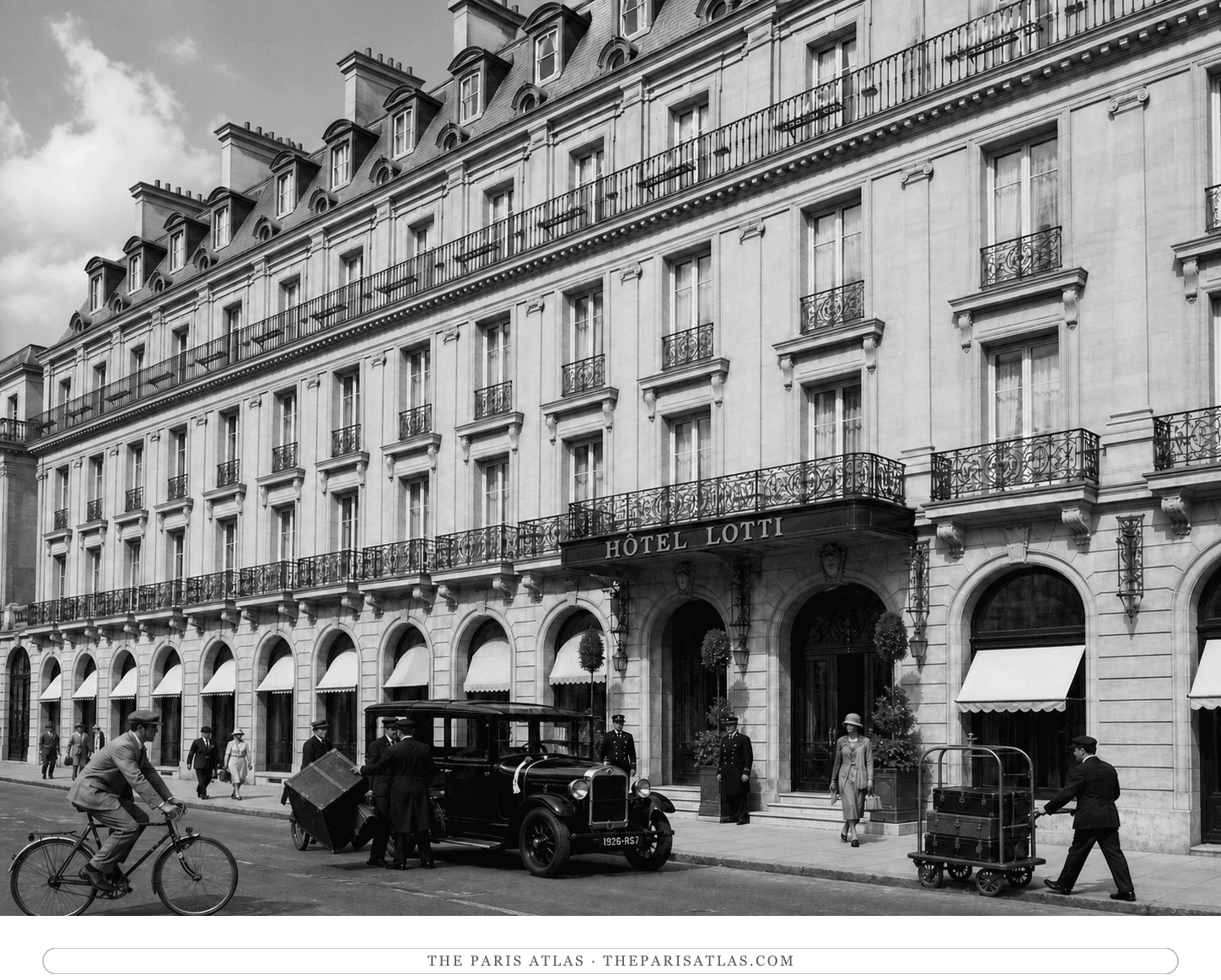 Black-and-white reconstruction of guests and porters outside Hôtel Lotti in 1929