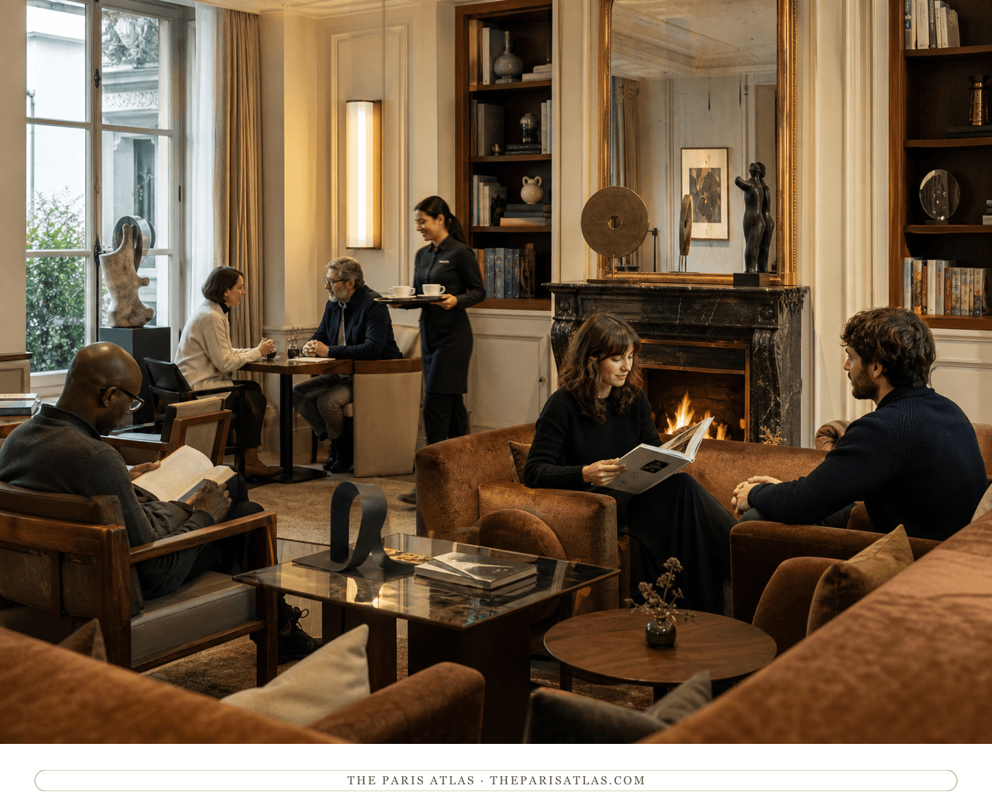 Guests reading and talking beside art books and a fireplace in Hôtel Madison's salon