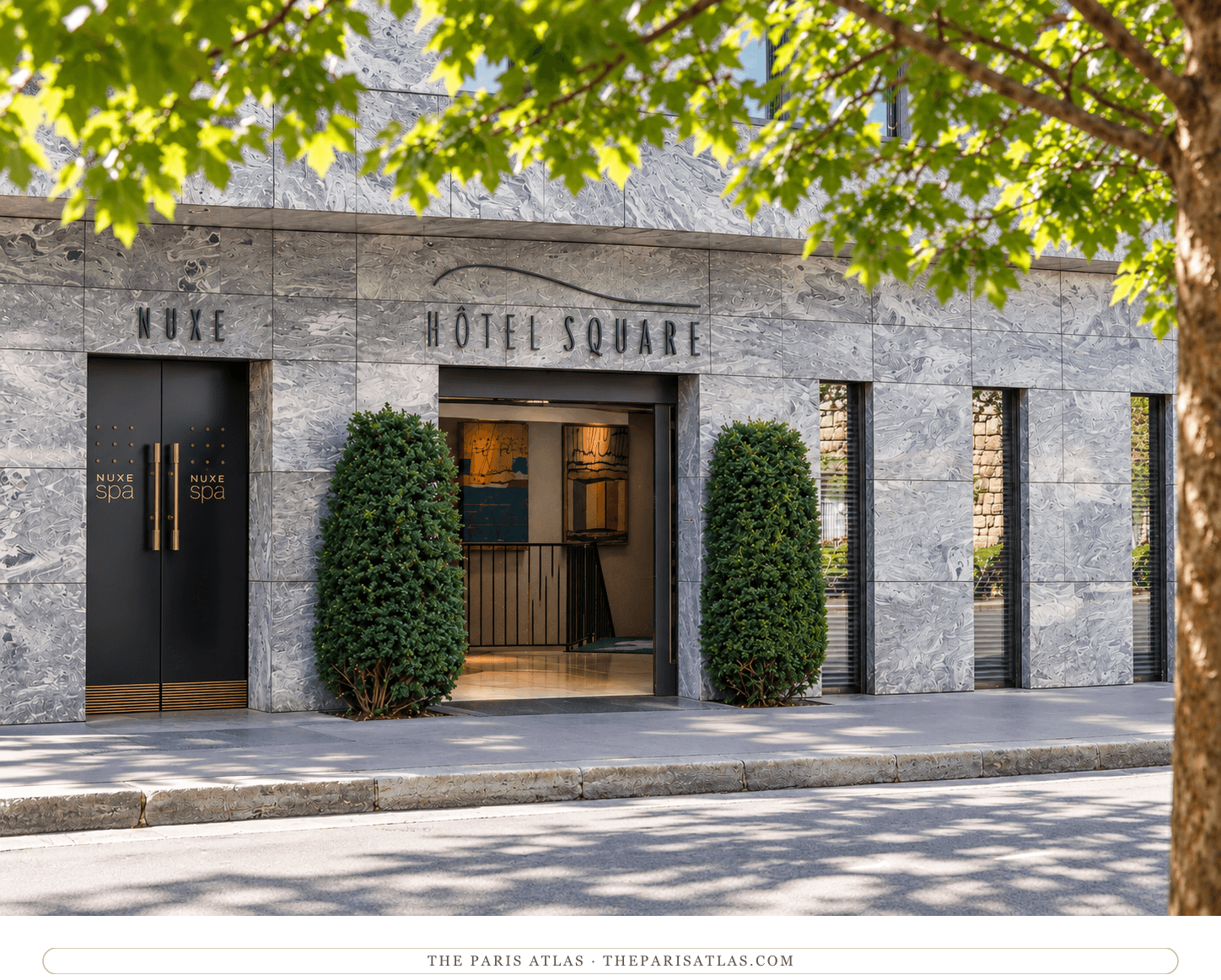 Photorealistic illustration of Hôtel Square’s entrance, with gray-green veined stone, two clipped shrubs, a Nuxe spa door and leafy branches.