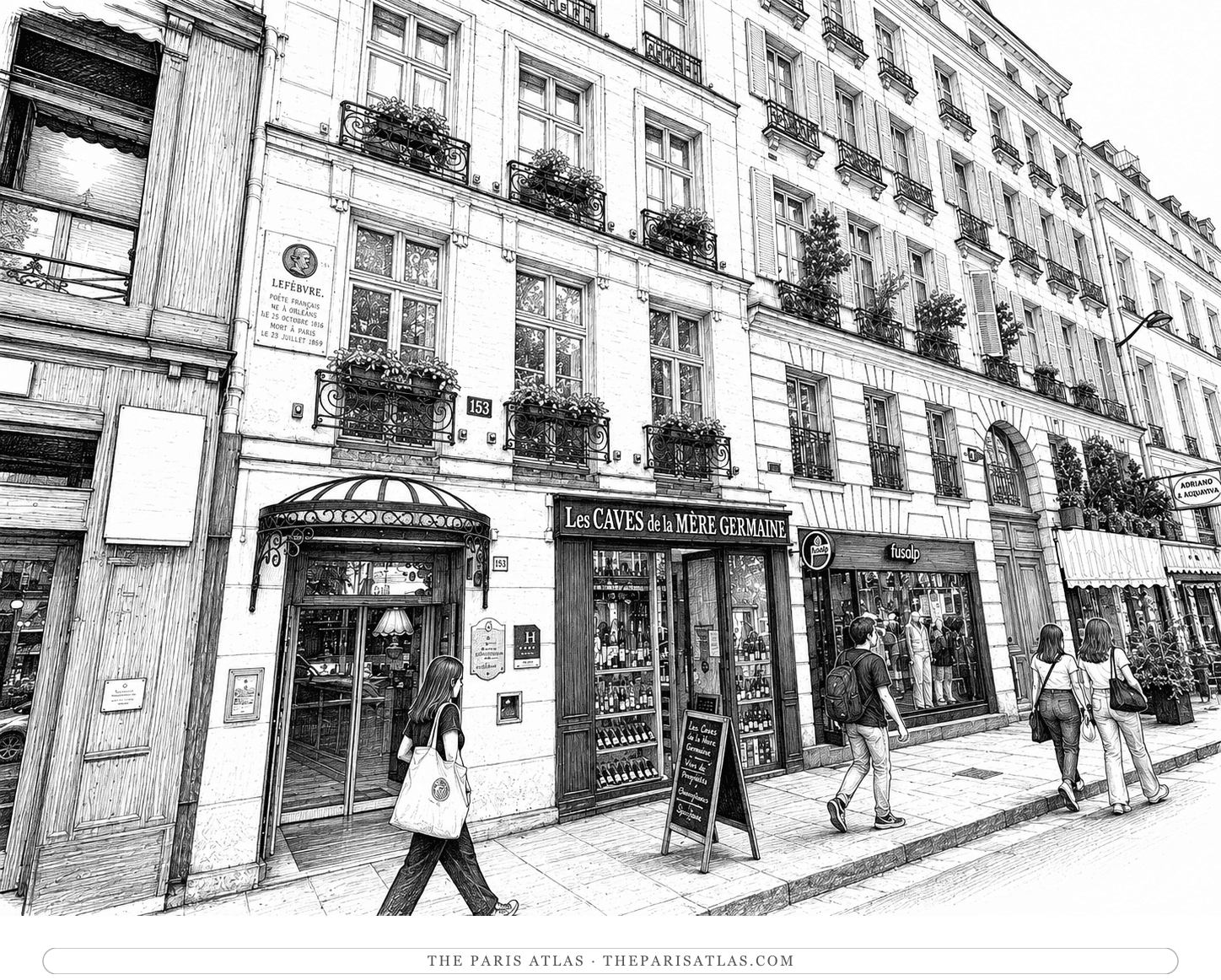 Black-and-white present-day illustration of 153 boulevard Saint-Germain, showing the surviving hotel frontage, street number 153 and modern shops where La Reine Blanche once operated