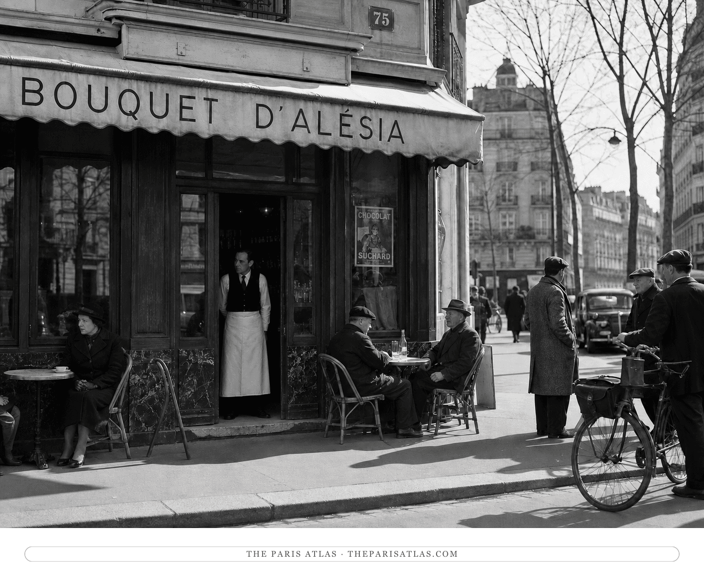 Black-and-white reconstruction of Le Bouquet d'Alésia as a working neighborhood café in 1937