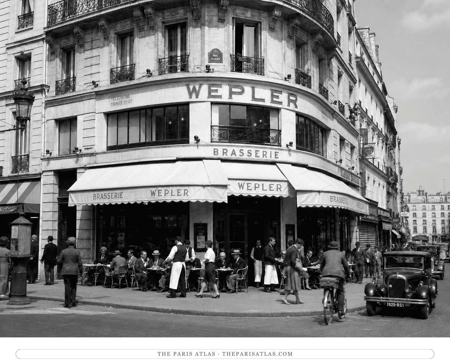 Black-and-white reconstruction of busy pavement tables outside Wepler around 1933