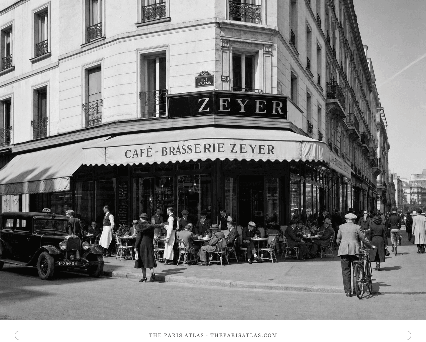Black-and-white reconstruction of Café Zeyer's terrace and street life around 1933