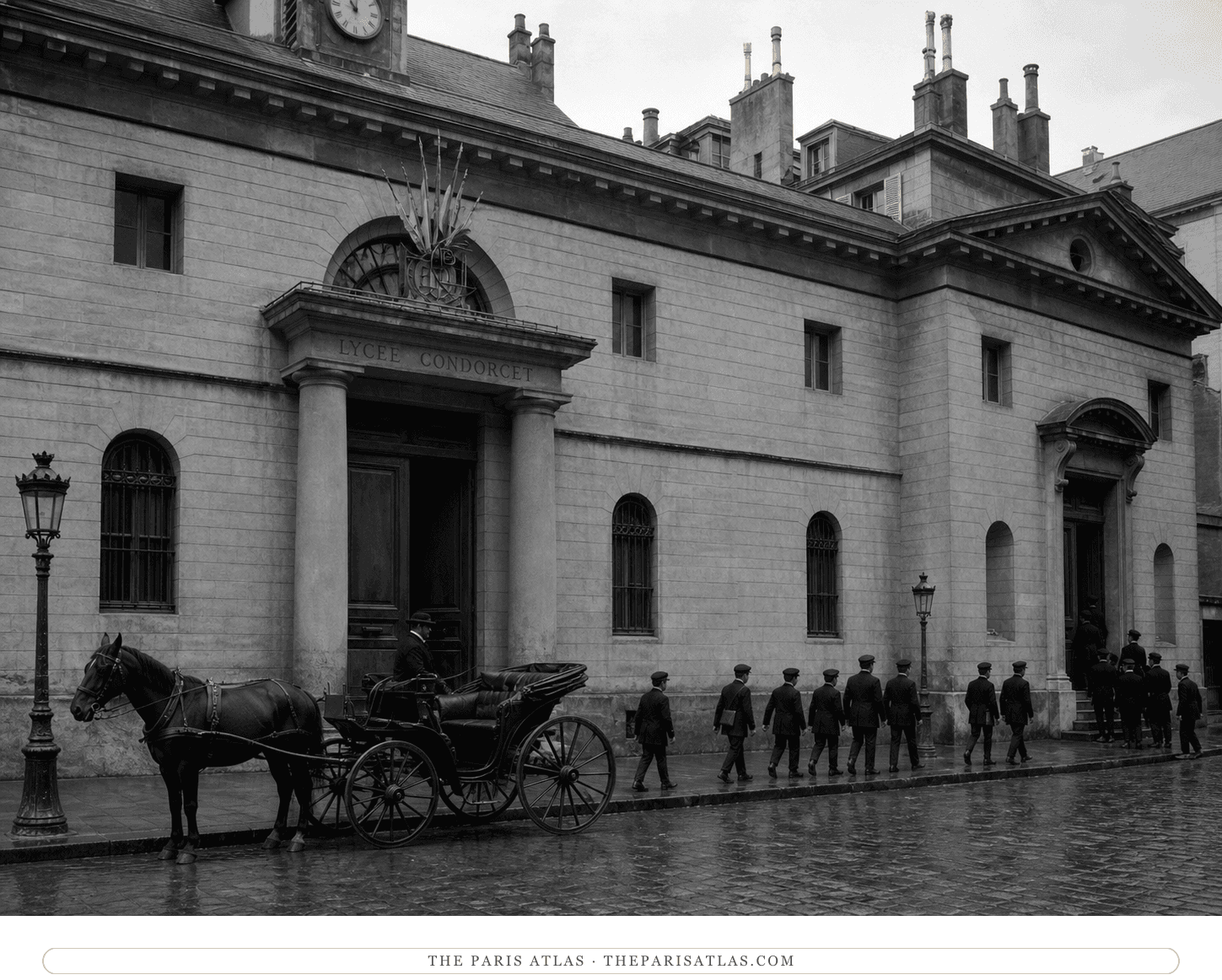 Black-and-white reconstruction of schoolboys arriving at Lycée Condorcet around 1887
