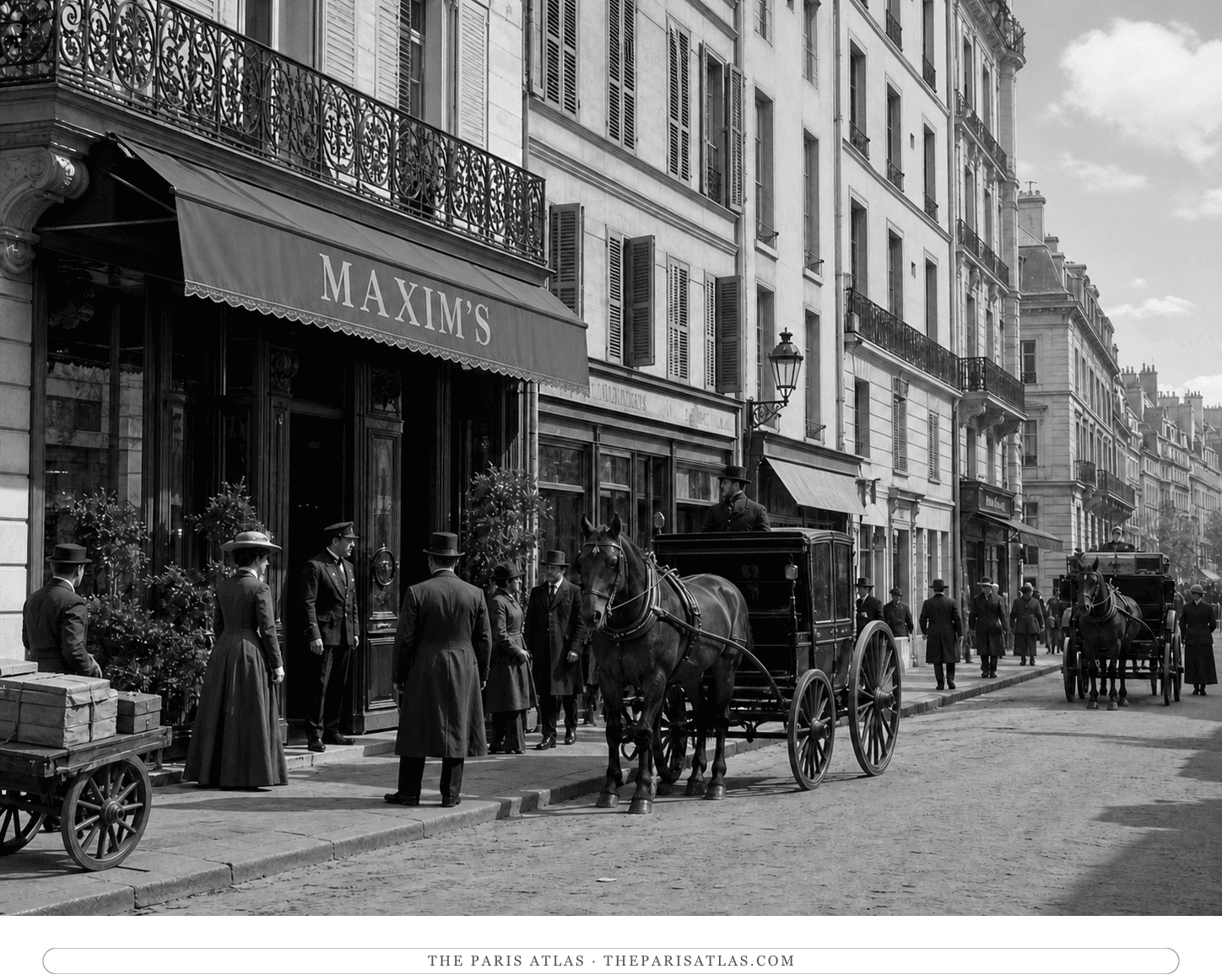 Black-and-white reconstruction of carriage arrivals at Maxim's around 1900