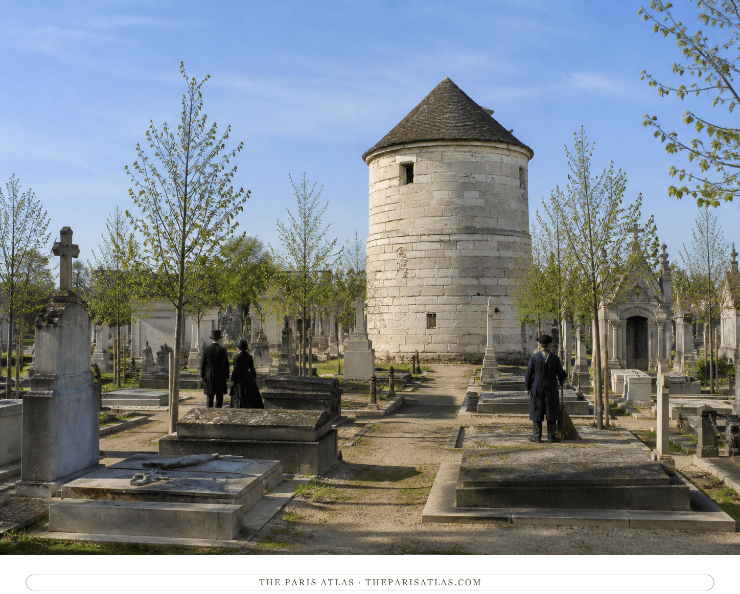 Color reconstruction of mourners and a keeper near the Tour du moulin de la Charité around 1870