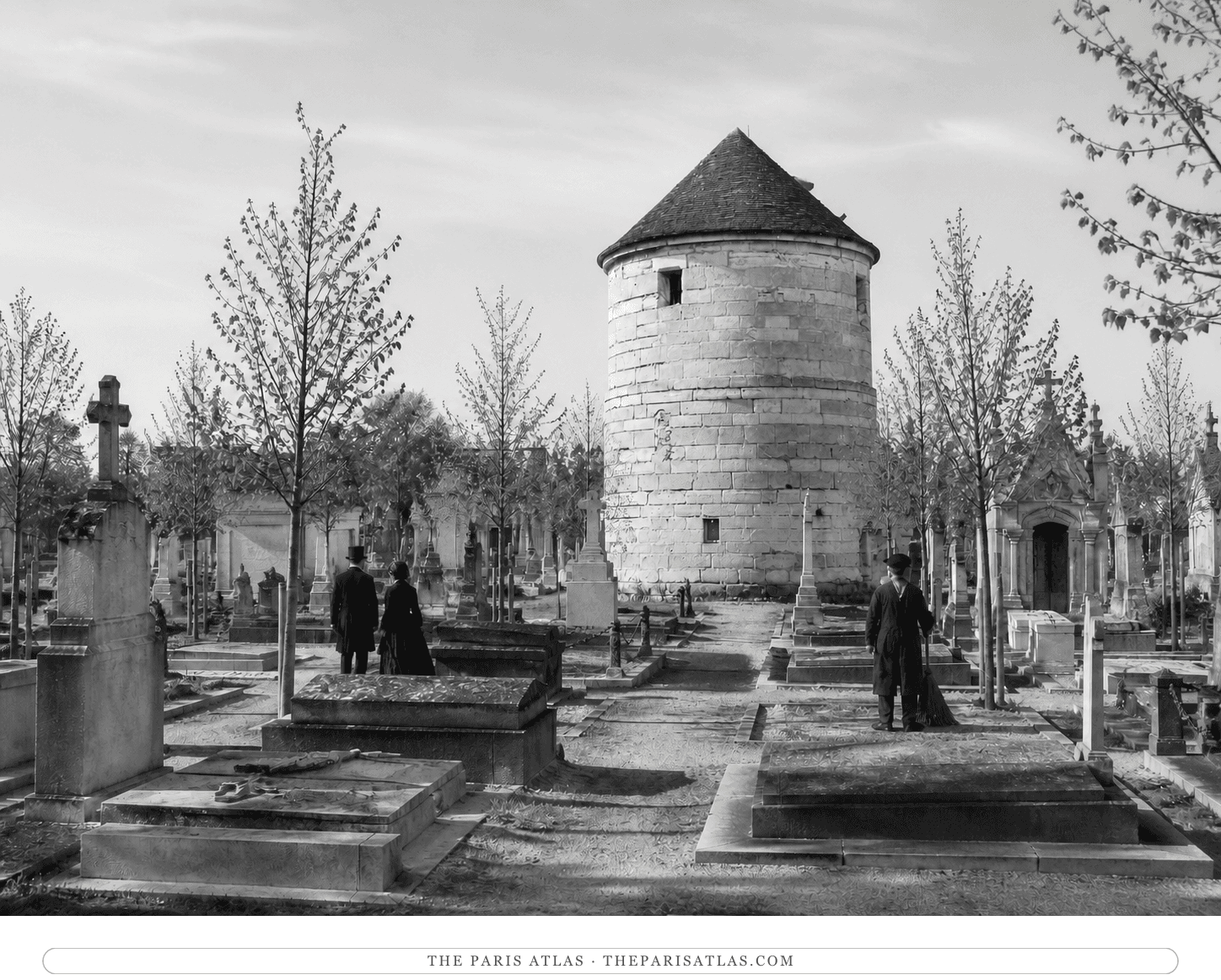 Black-and-white reconstruction of the Tour du moulin de la Charité and young cemetery plantings around 1870