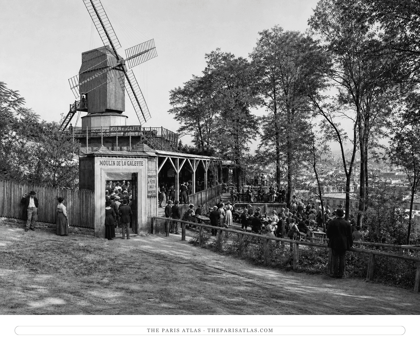 Black-and-white reconstruction of the windmill, pavilion and open-air dance garden around 1876