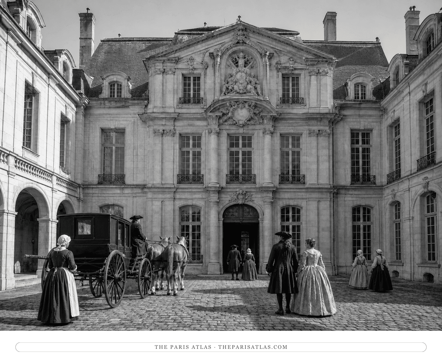 Black-and-white reconstruction of a carriage arriving in the newly completed Hotel Sale courtyard around 1660