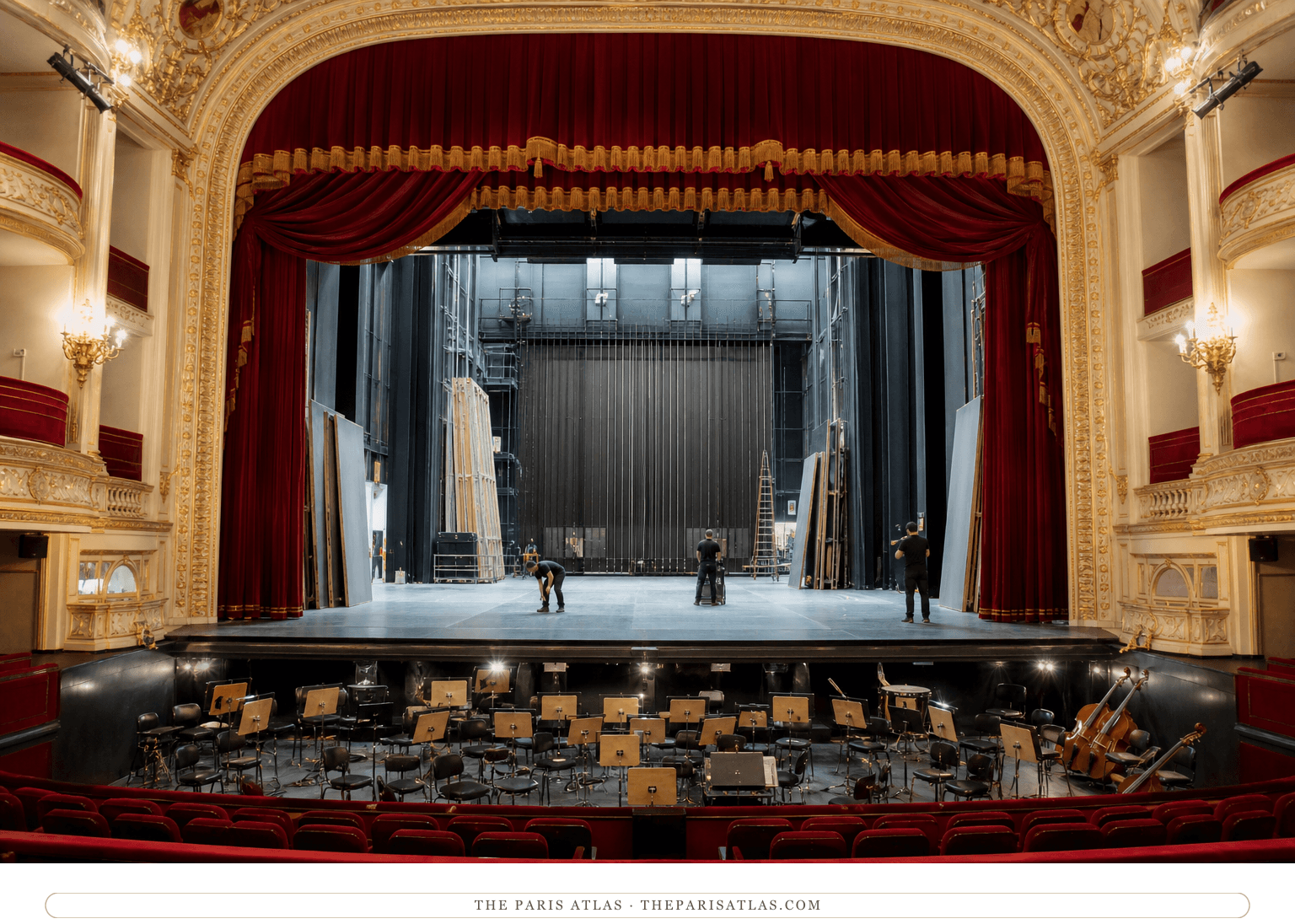 Photorealistic view of the Opera-Comique stage and orchestra pit during technical setup