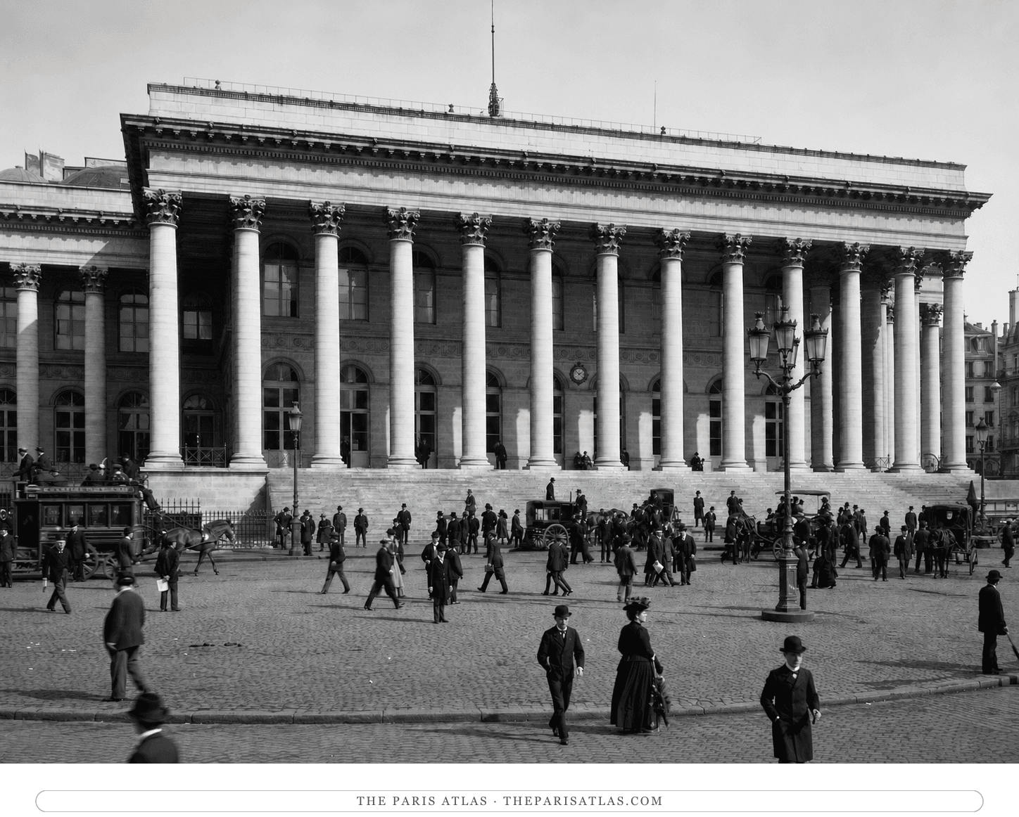 Black-and-white reconstruction of brokers, clerks and horse traffic outside the Paris Bourse around 1880