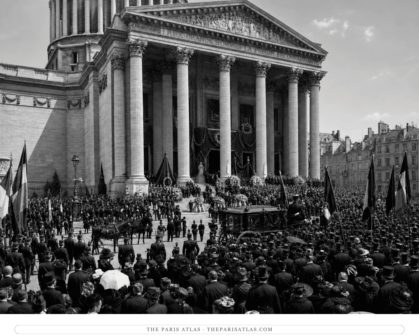 Black-and-white historically informed reconstruction of Victor Hugo's funeral arriving at the Panthéon in 1885