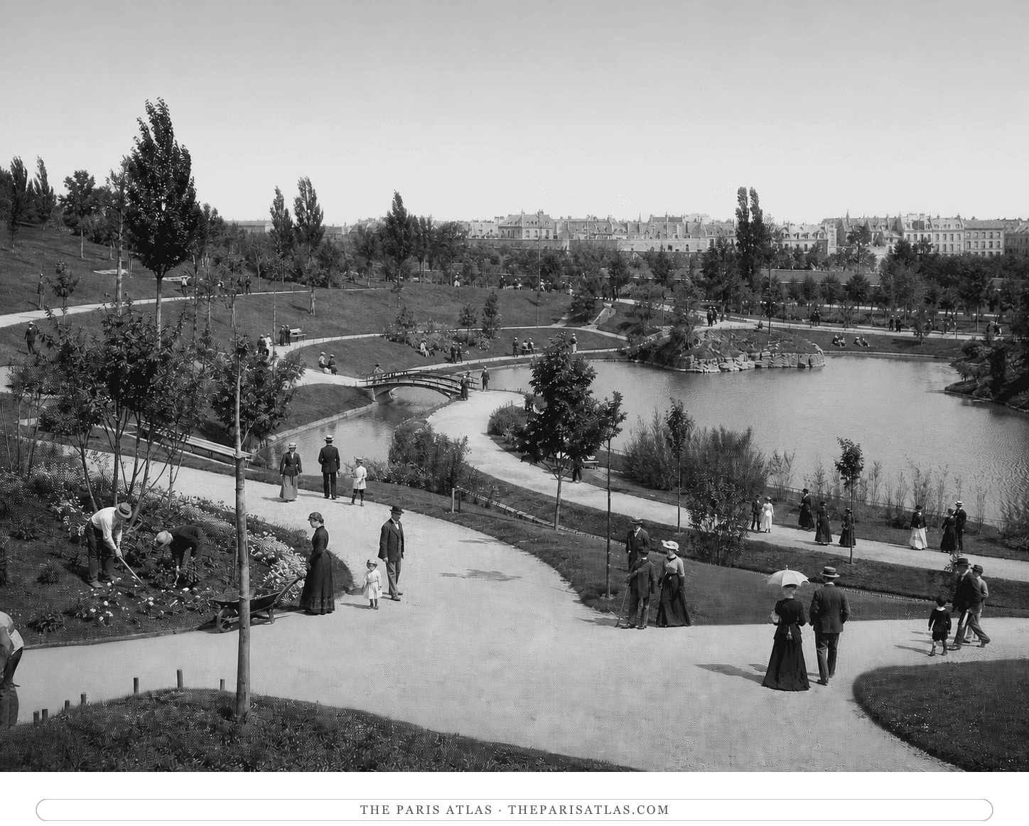 Black-and-white reconstruction of the newly completed Parc Montsouris lake and paths around 1878