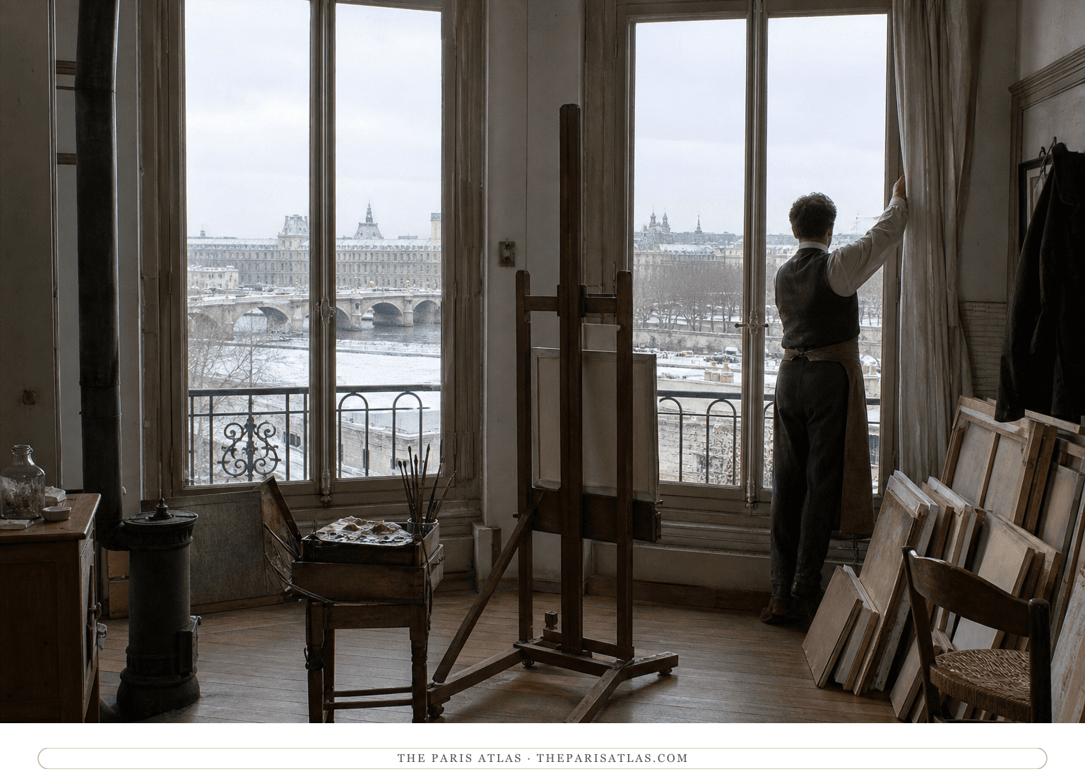 Natural-color reconstruction of a modest painting room overlooking the snowy Seine in 1901