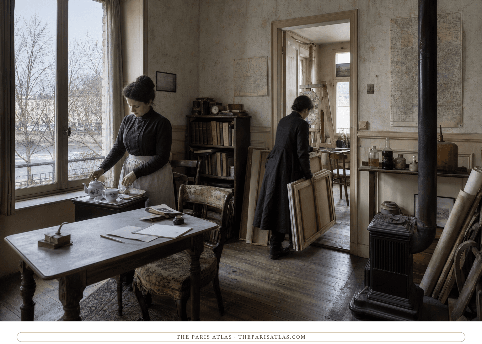 Invented household helpers in a reconstructed workroom adjoining Pissarro's Place Dauphine studio