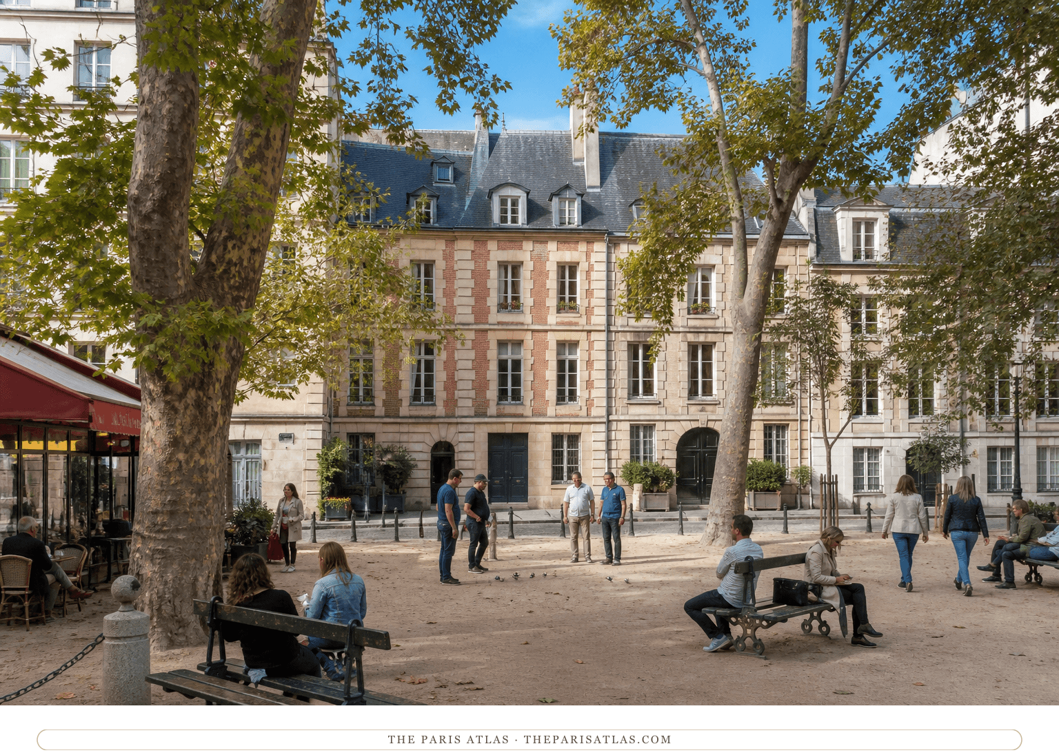 People sitting and playing pétanque in the leafy present-day Place Dauphine