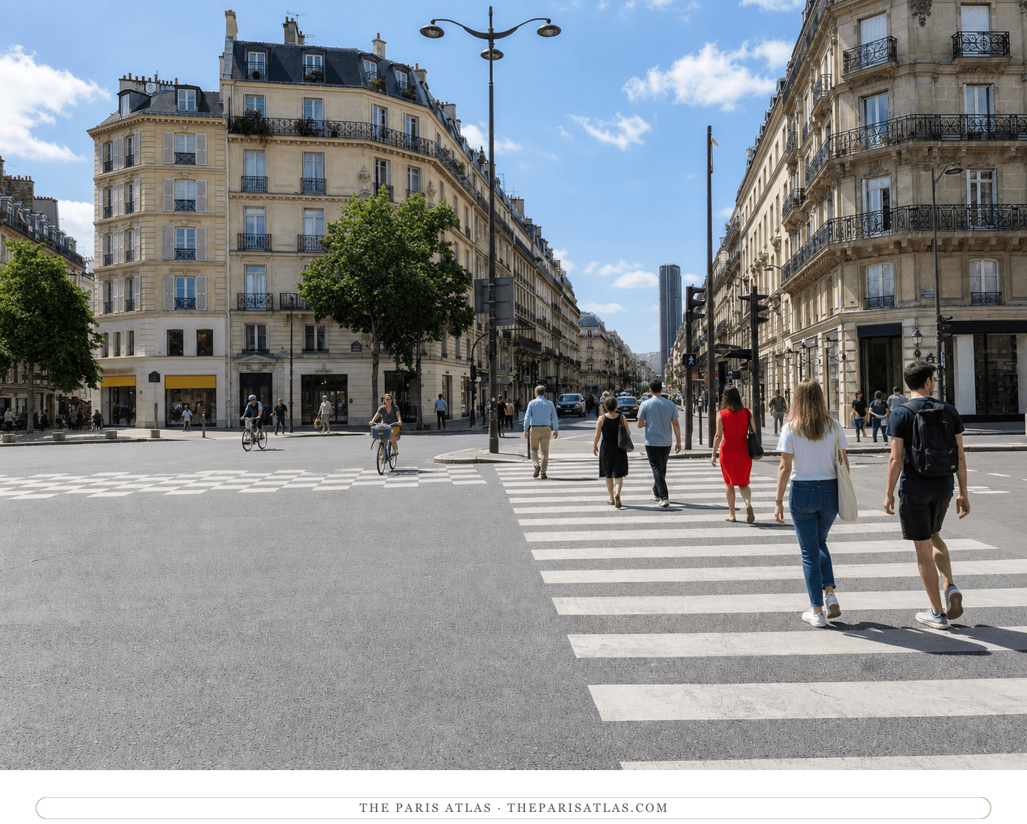 Pedestrians crossing Place Sartre-Beauvoir toward rue de Rennes