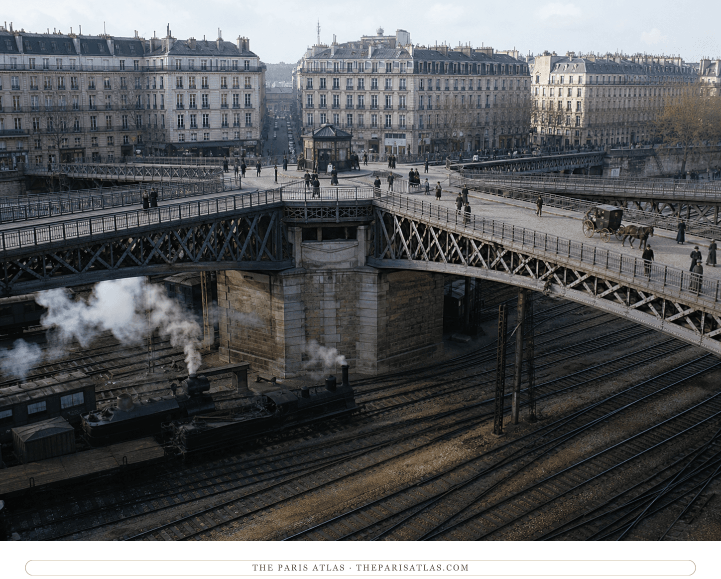 Natural-color reconstruction of the original star-shaped Pont de l'Europe above steam trains