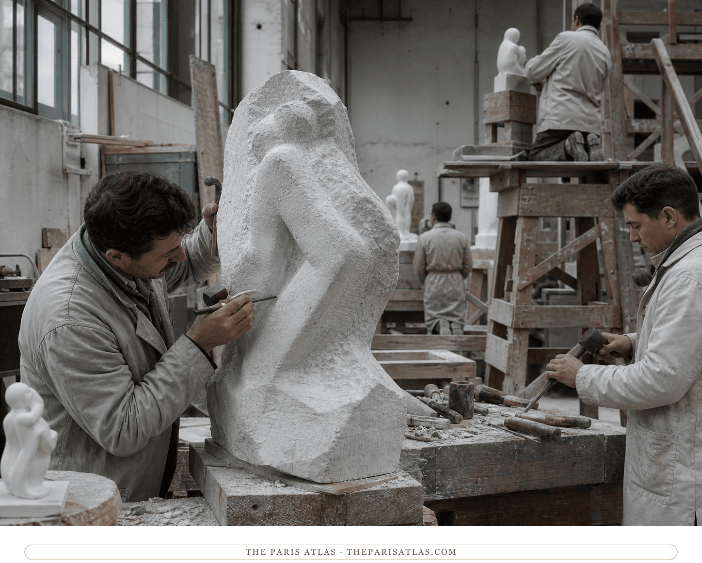 Anonymous stone carvers working on an invented marble figure at the Dépôt des Marbres