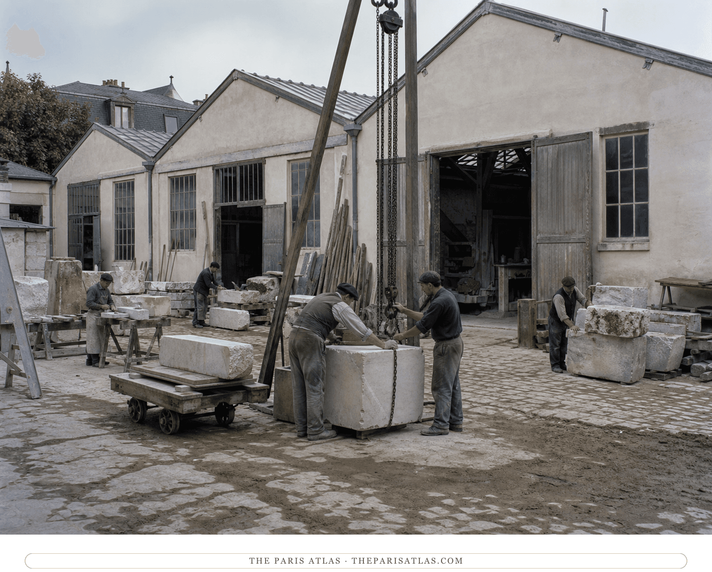 Natural-color reconstruction of anonymous stoneworkers at the Dépôt des Marbres around 1900