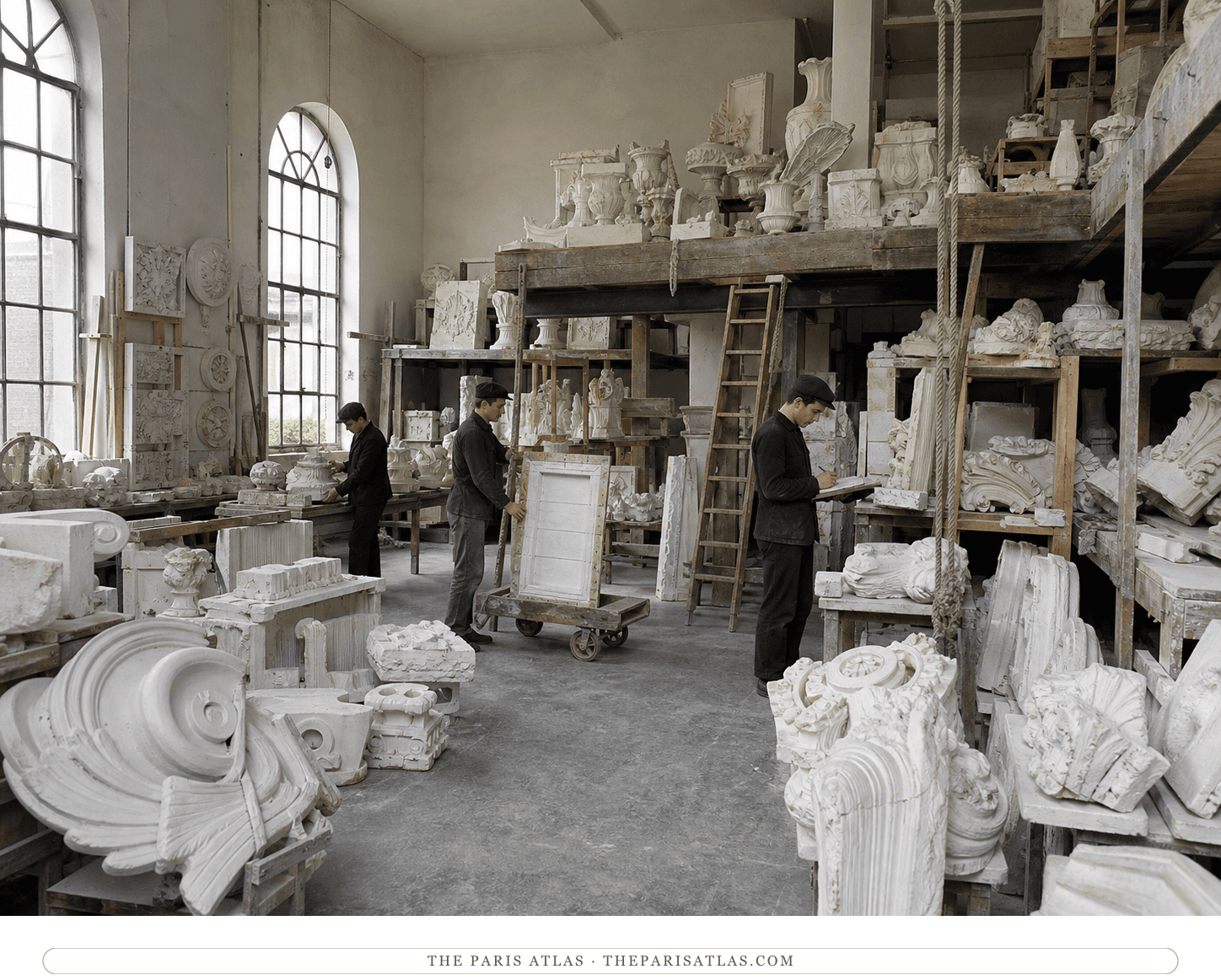 Anonymous workers cataloguing generic plaster fragments in a tall Dépôt des Marbres room