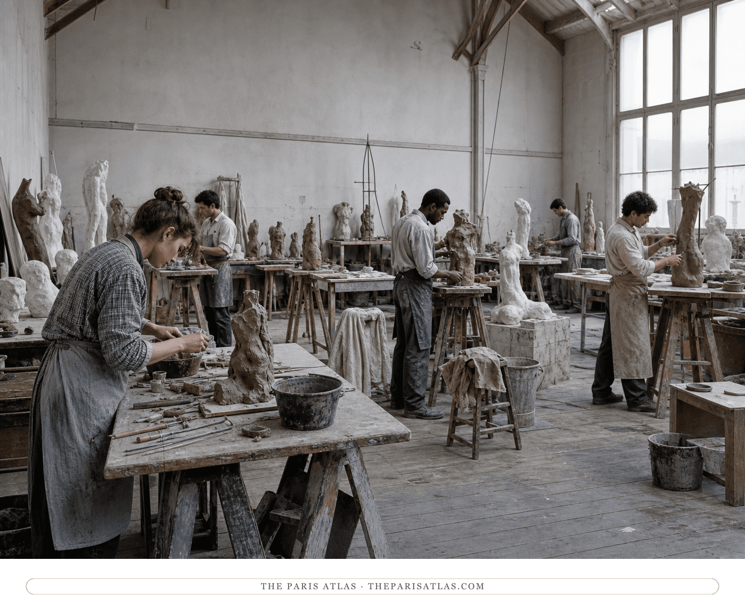 Anonymous assistants making generic clay and plaster studies in a Dépôt des Marbres workshop
