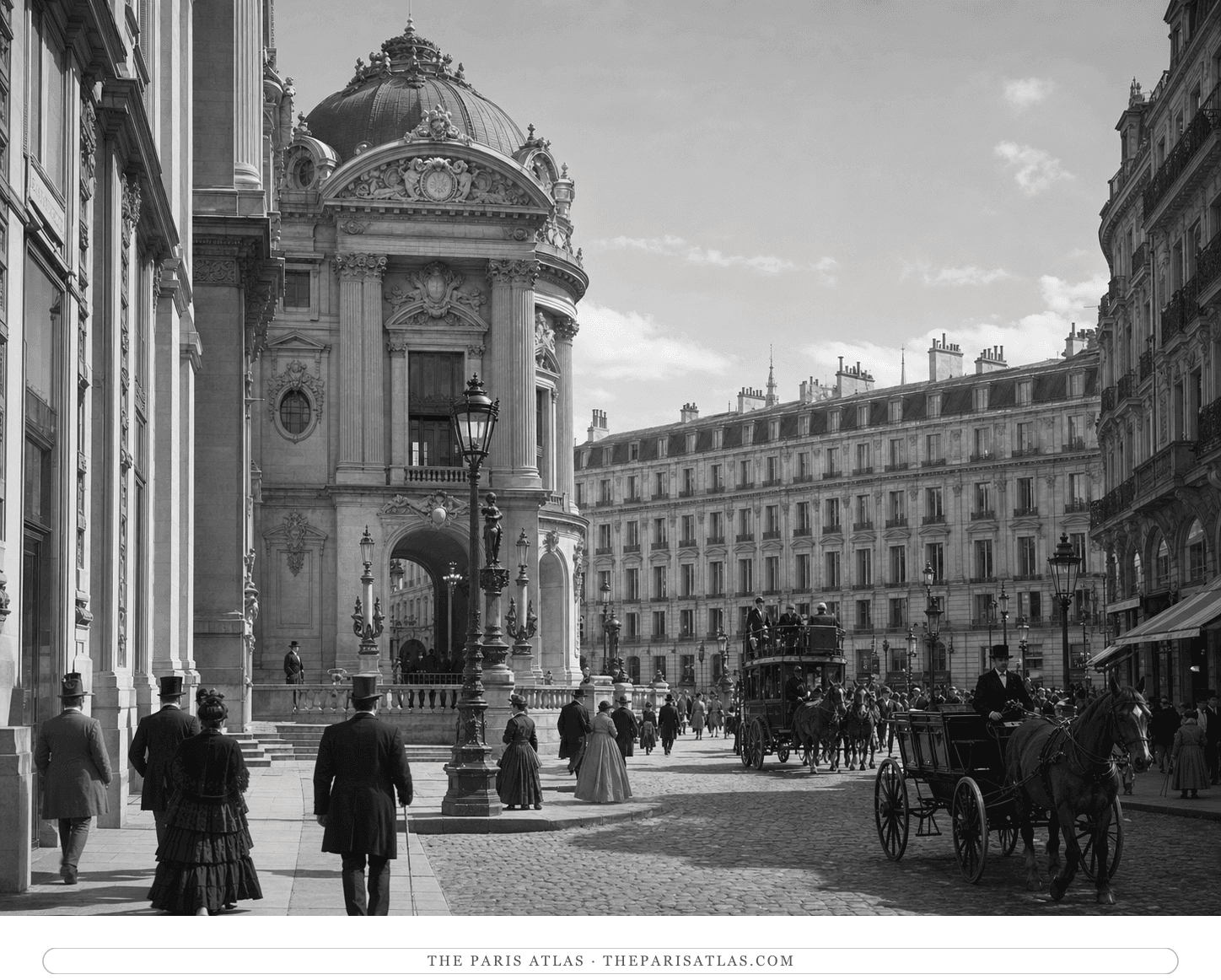Black-and-white reconstruction of Rue Halévy and the Palais Garnier around 1878