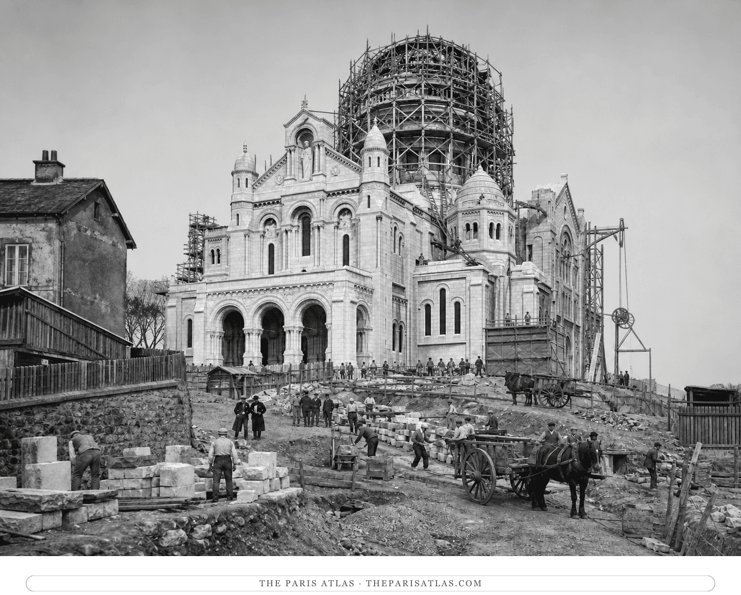 Black-and-white historically informed reconstruction of Sacré-Cœur under construction around 1899