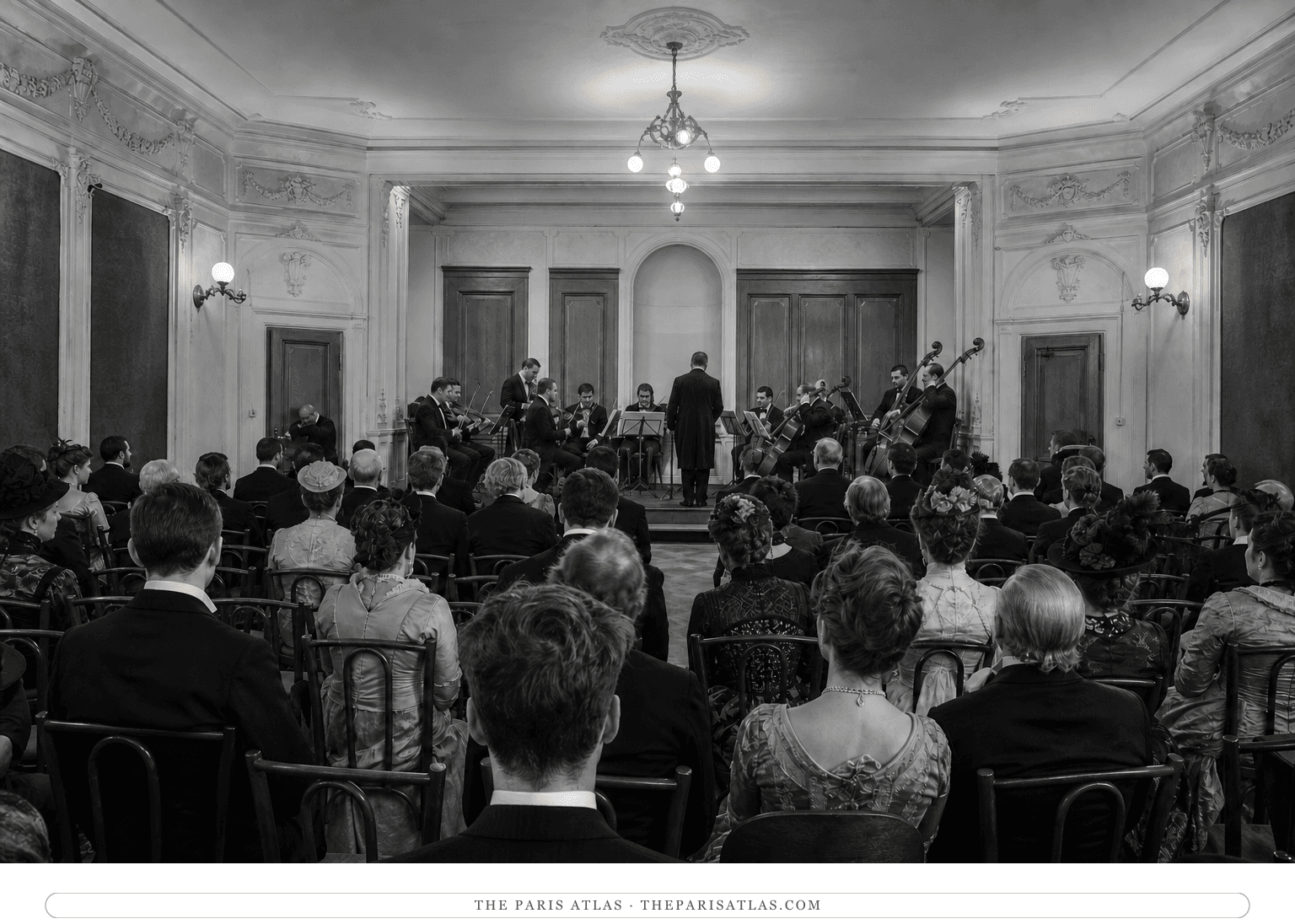 Black-and-white photorealistic reconstruction of a modest Paris concert room around 1894