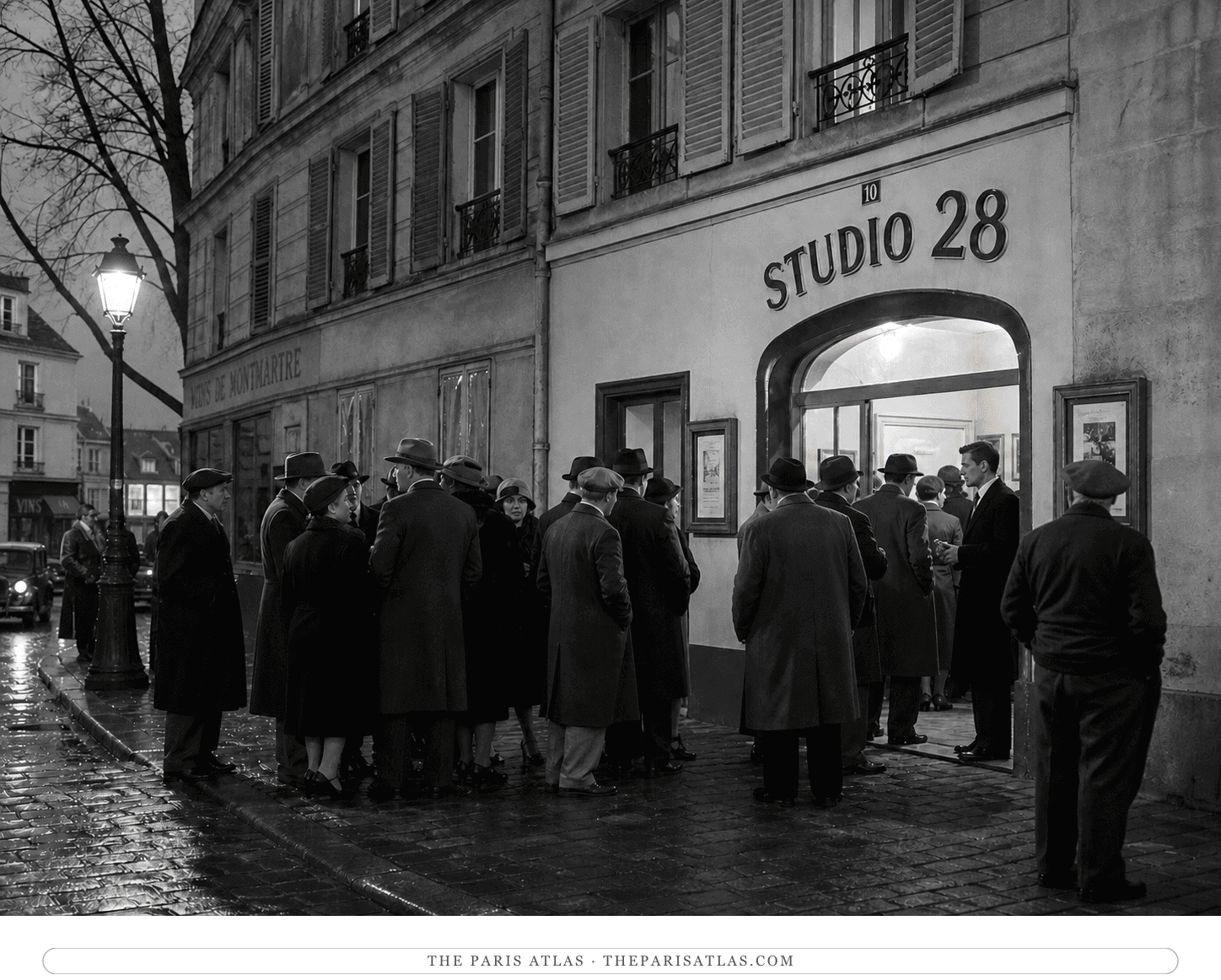 Black-and-white reconstruction of an audience arriving at Studio 28 in November 1930
