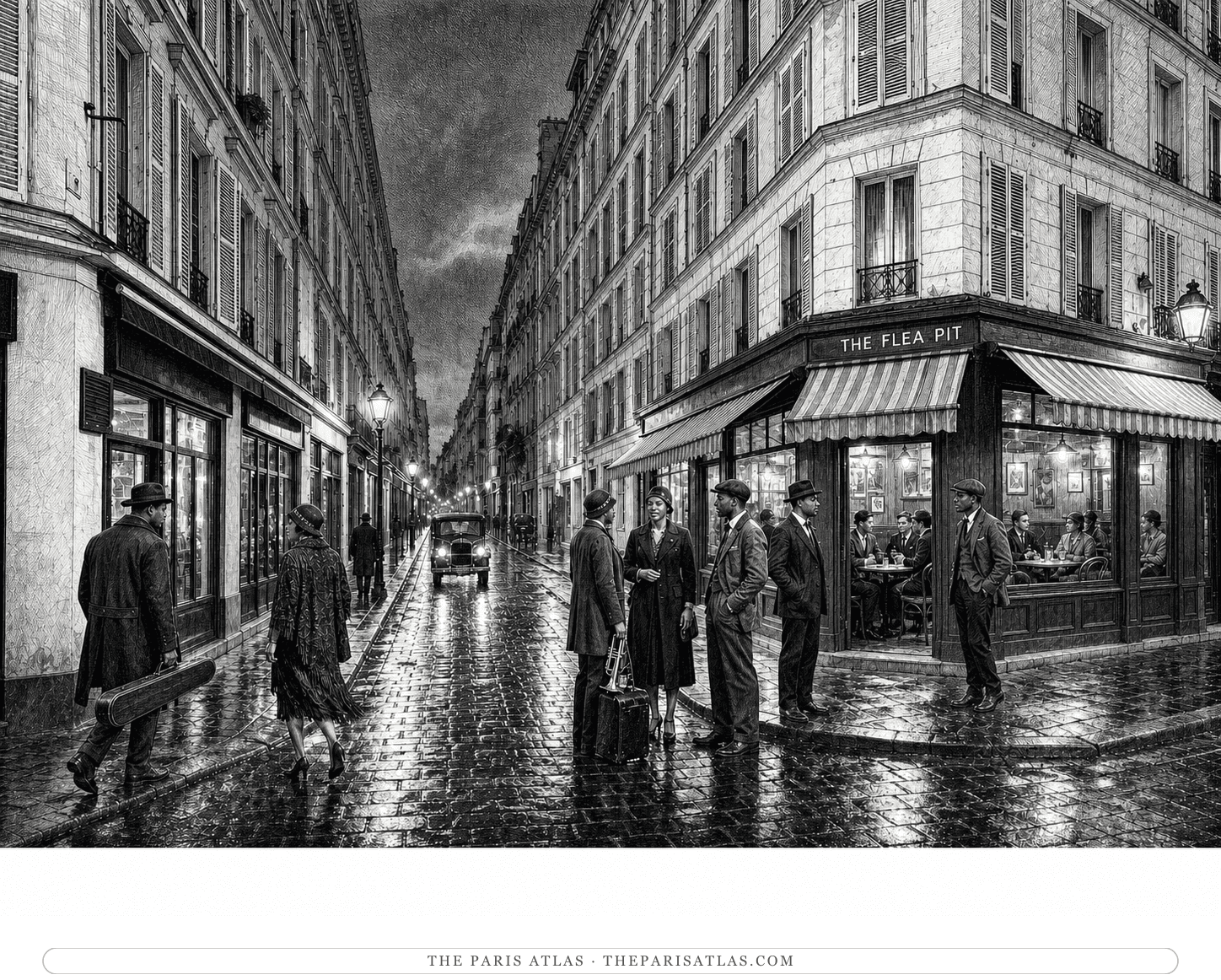 Black-and-white reconstruction of the Flea Pit in 1924, with period-dressed patrons outside the corner café on wet cobbles