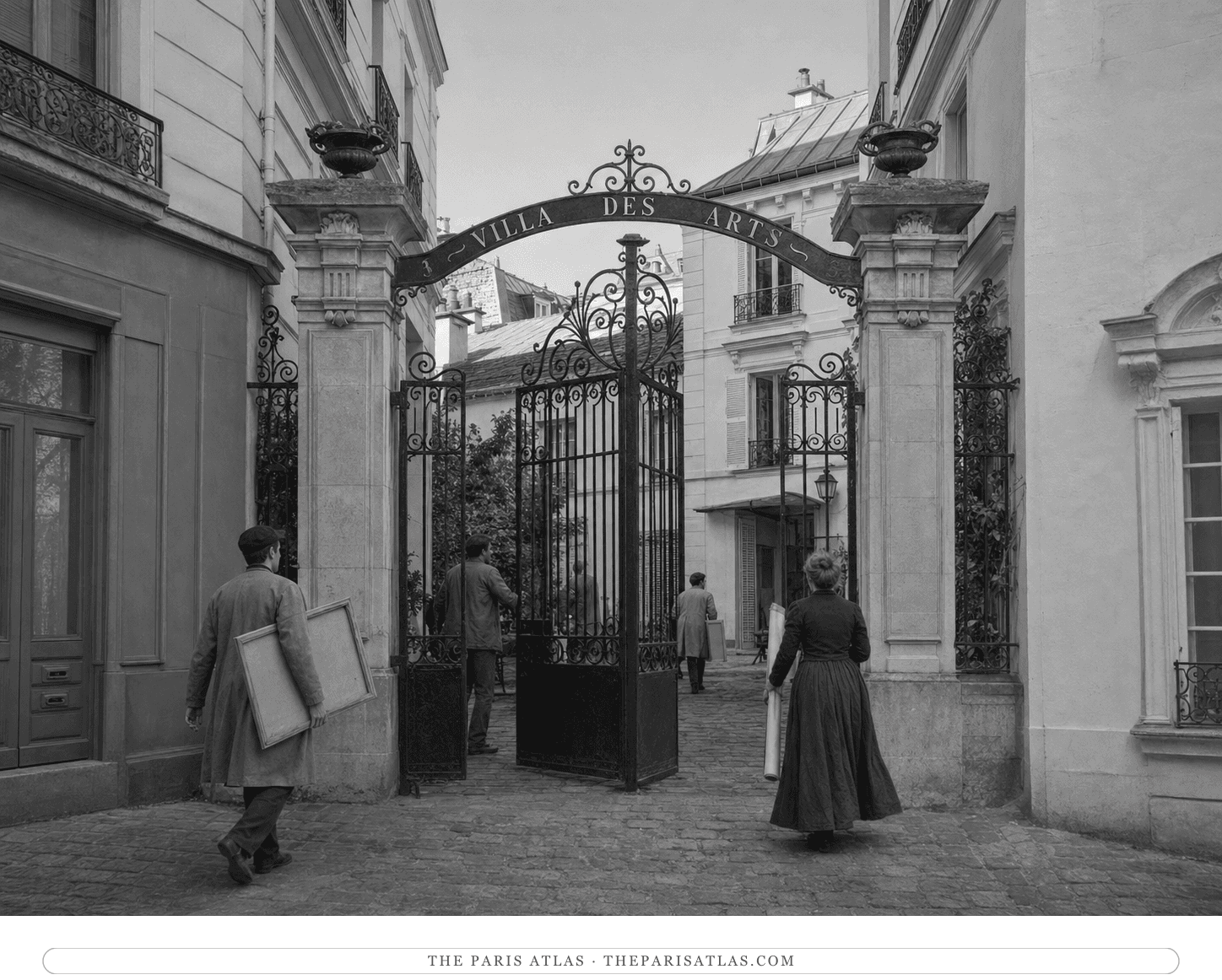 Black-and-white reconstruction of artists arriving at Villa des Arts circa 1898