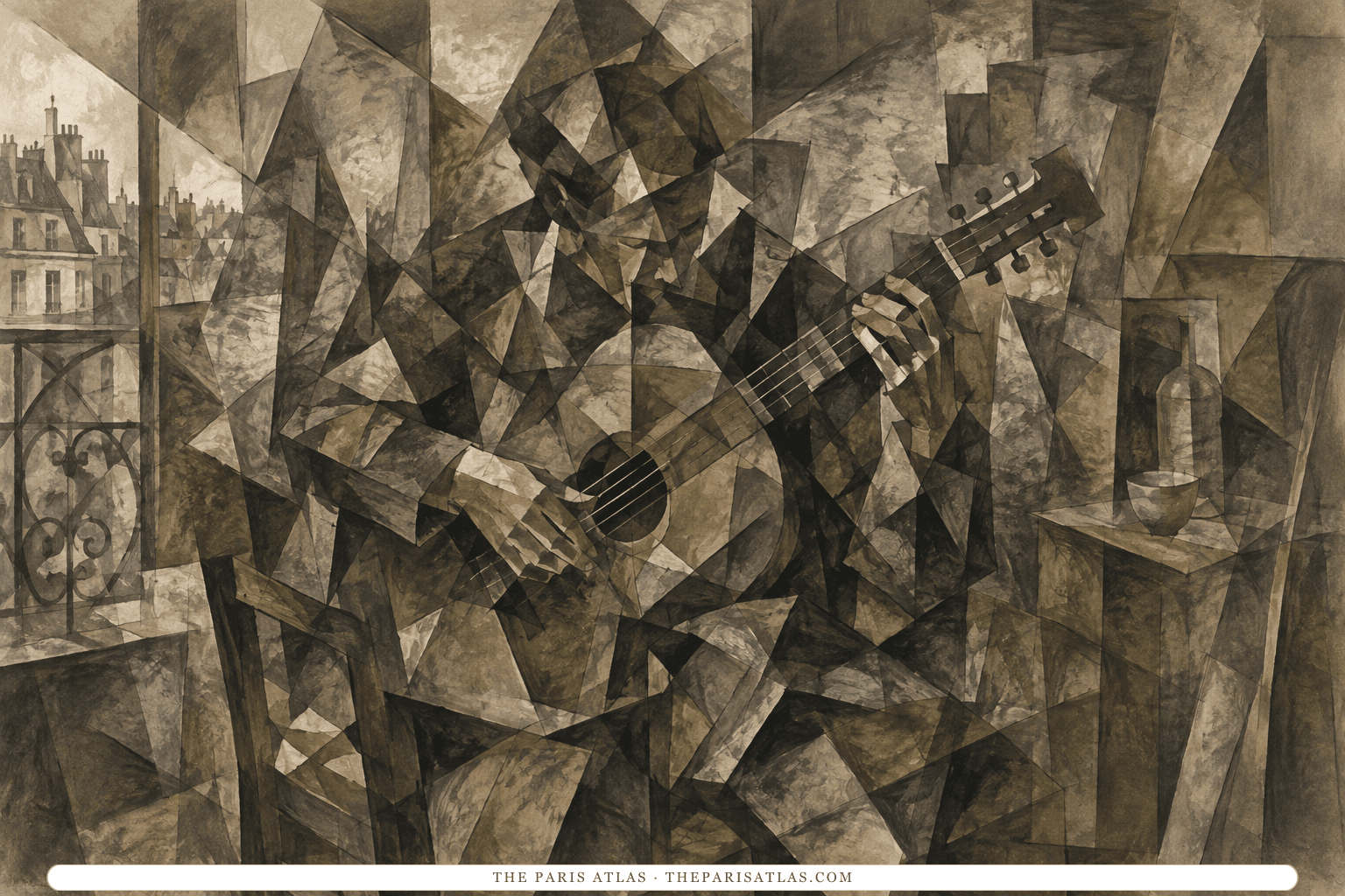 A seated guitarist and studio dissolve into a dense lattice of charcoal-gray and umber facets