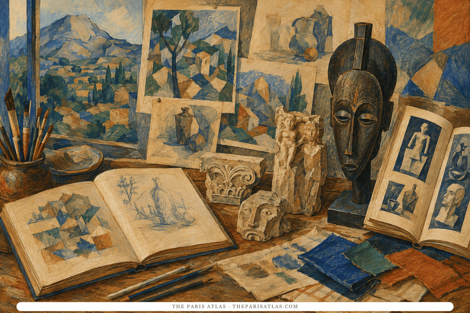 Color study table with geometric landscapes, carved masks, sculpture fragments, brushes, and drawings in a Paris studio