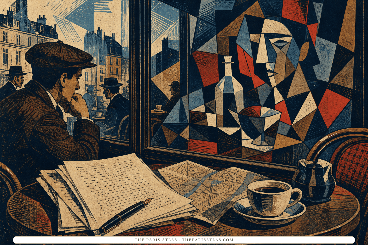 A 1920s writer works at a Paris café table beneath a brightly faceted still life reflected in the window