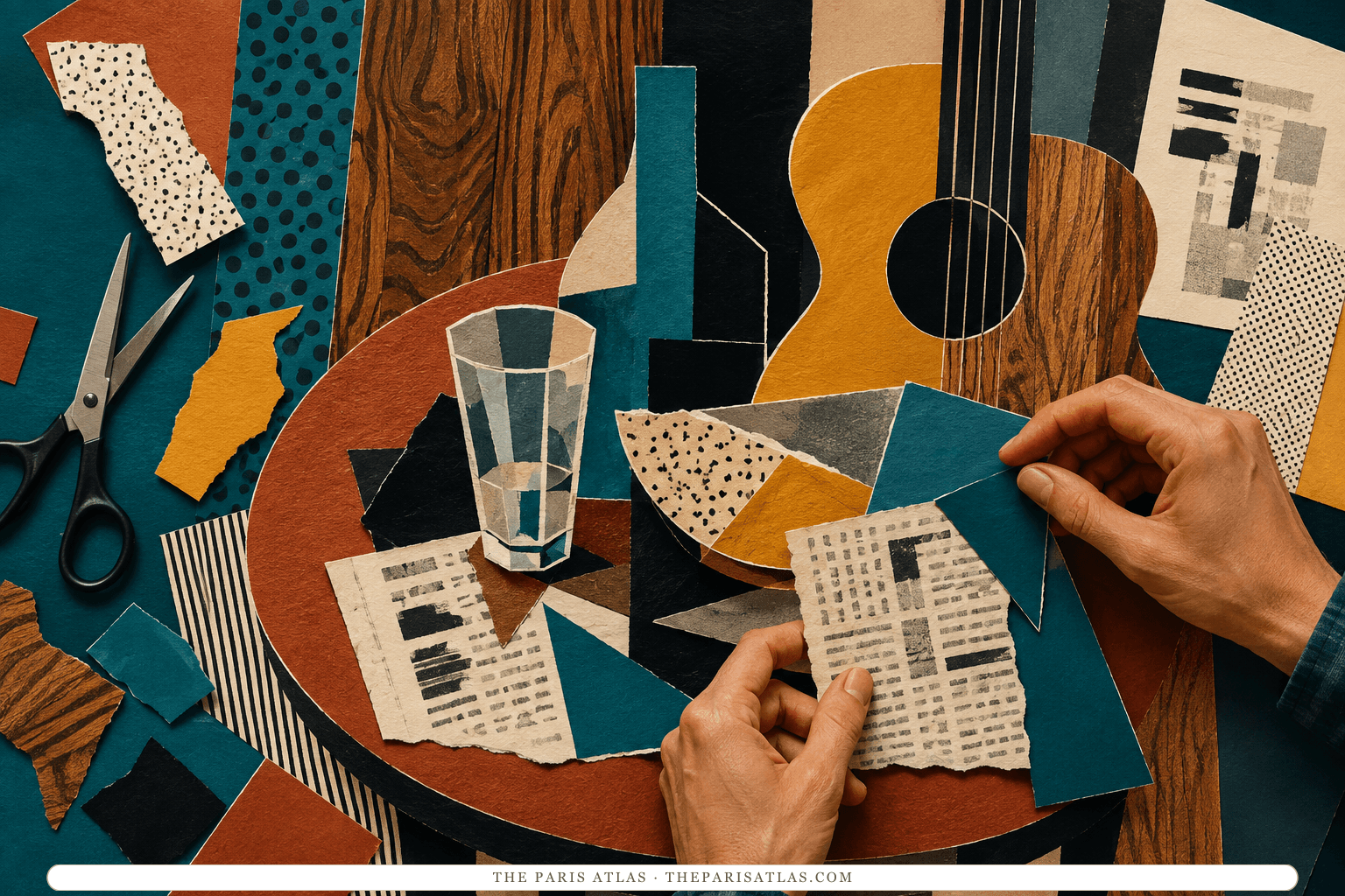 Hands assemble a vivid cut-paper collage of guitar curves, glass, woodgrain, and abstract newspaper fragments