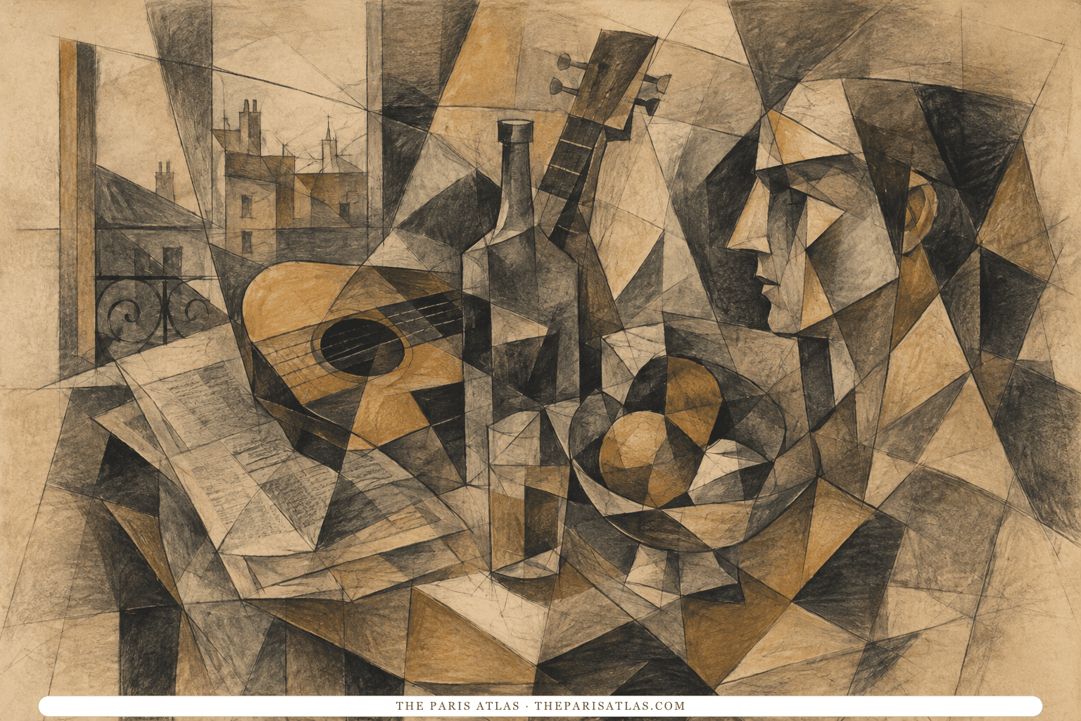 Charcoal-and-ochre studio still life fractured into overlapping views of a guitar, bottle, fruit bowl, newspaper, and profile