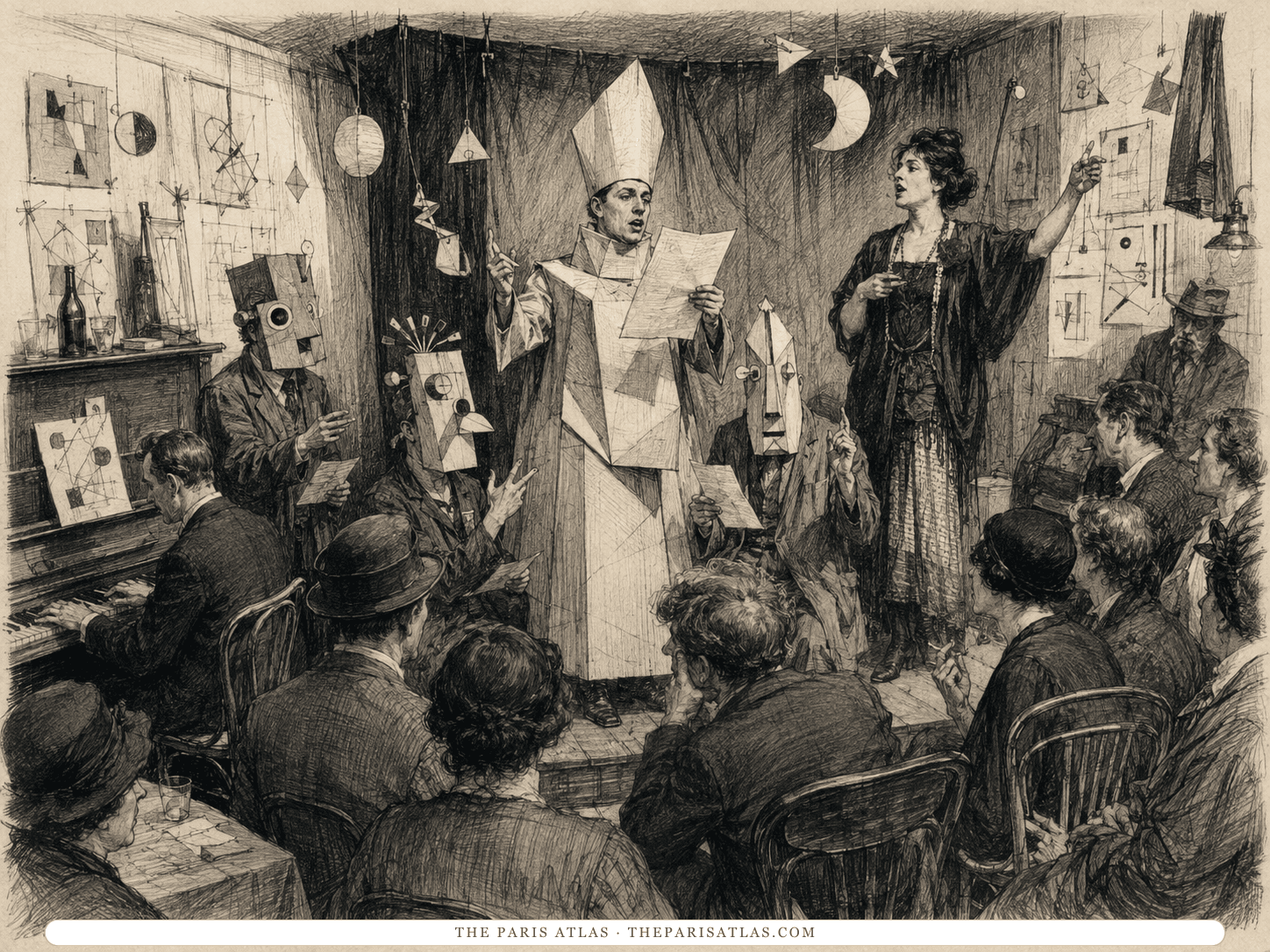 Masked performers, a singer, a pianist, and a reader in an angular cardboard costume crowd the tiny stage of a 1916 Zurich cabaret