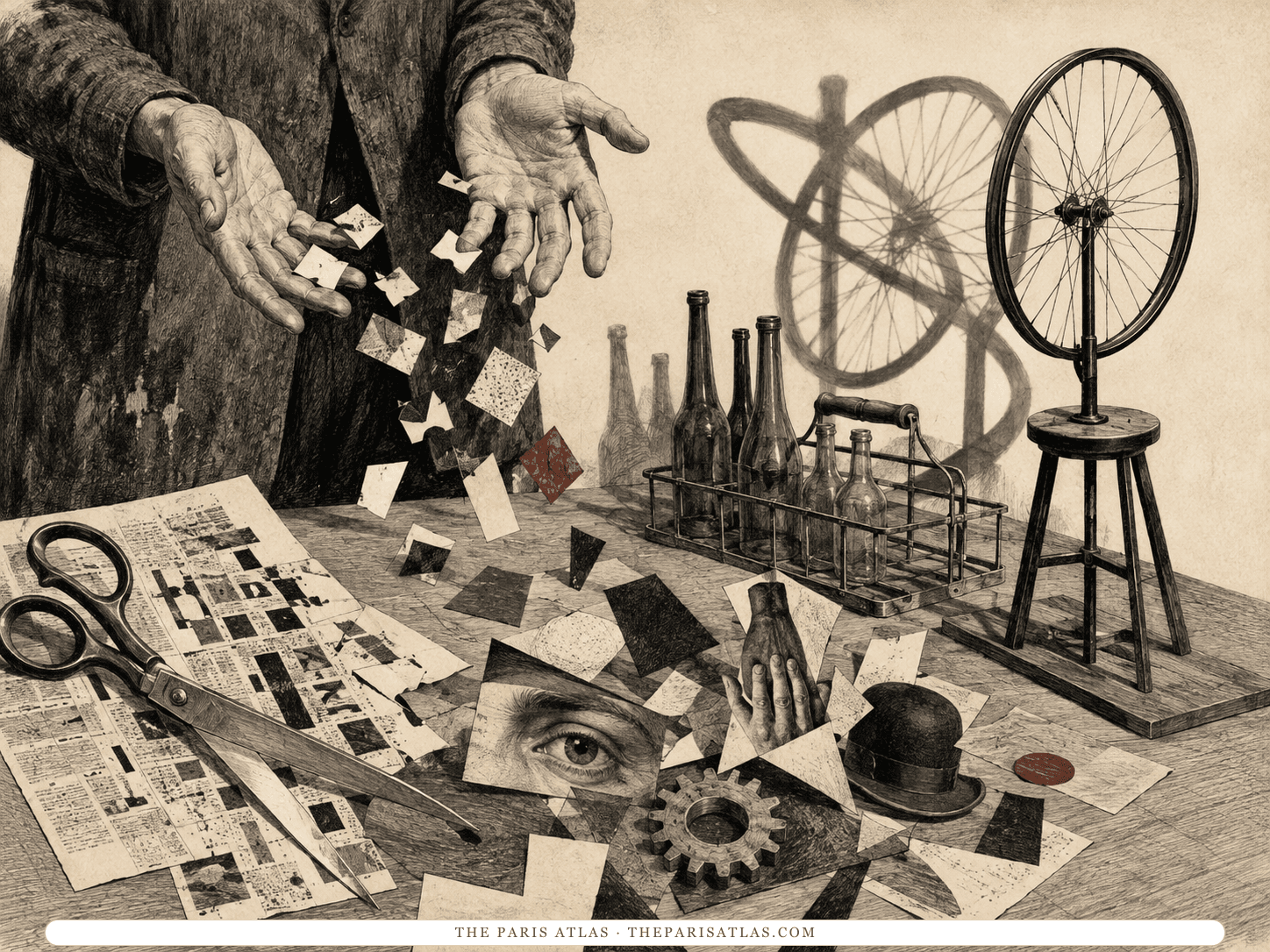 Hands release paper fragments over a worktable with scissors, collage pieces, bottles, a gear, a hat, and a bicycle wheel casting an impossible shadow