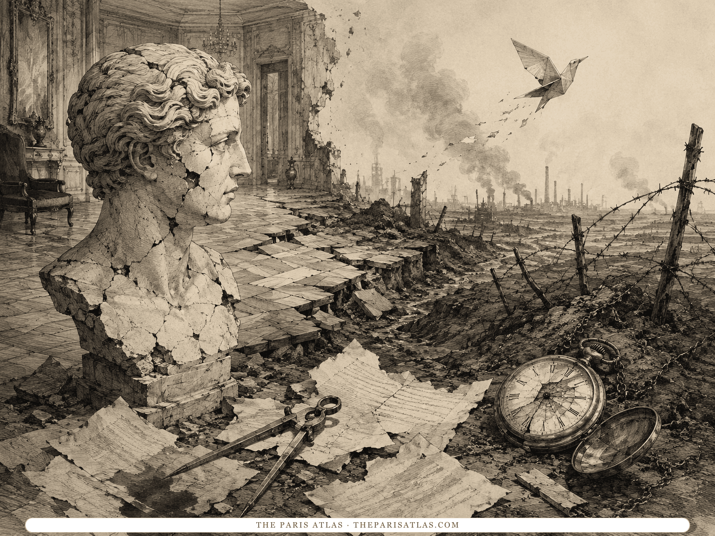 A cracked classical bust stands where a grand salon floor breaks into a First World War landscape of barbed wire, factories, torn papers, and a broken watch