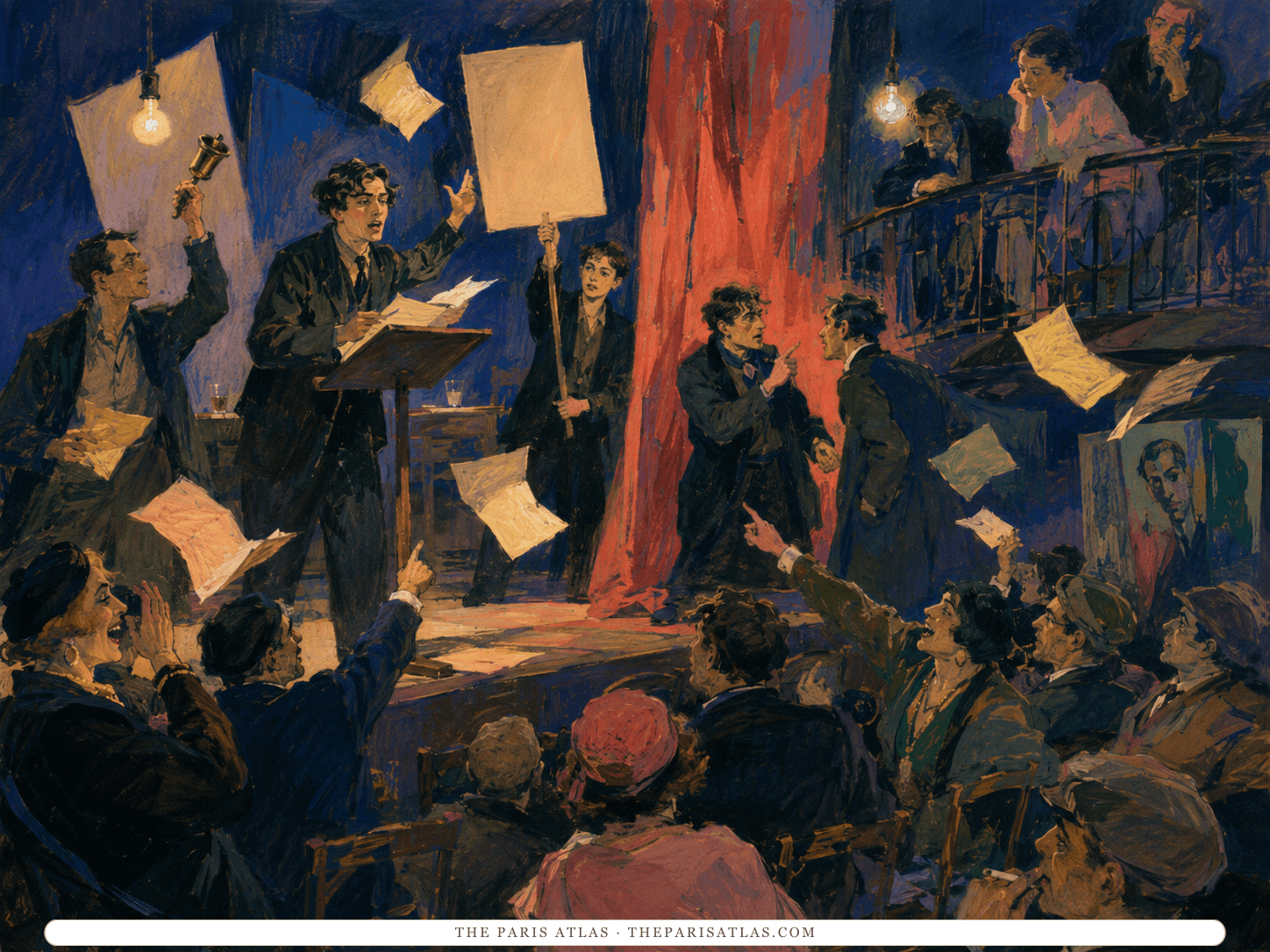 A colorful Paris theater erupts as speakers read, ring a bell, argue beside red curtains, and scatter papers over a heckling audience