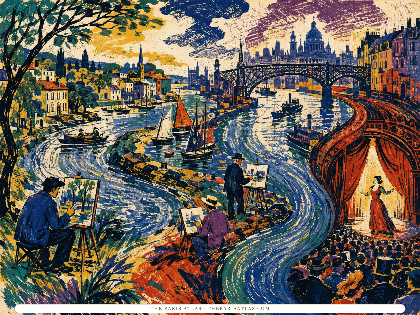 A carved-color panorama carries a winding river past painters, coastal towns, a London bridge, boats, and a Paris music-hall stage