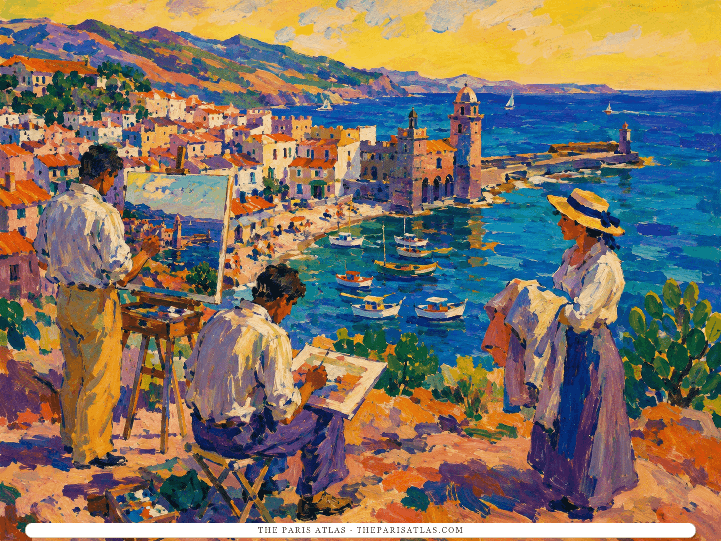 Two painters work above Collioure's fishing harbor while a woman in a broad hat stands beside cobalt water, orange roofs, boats, and violet hills