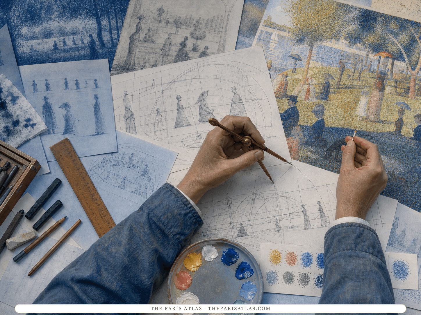 Hands use a compass and place a painted mark above layered blue figure studies, measured arcs, charcoal sticks, a ruler, palette, and color trials