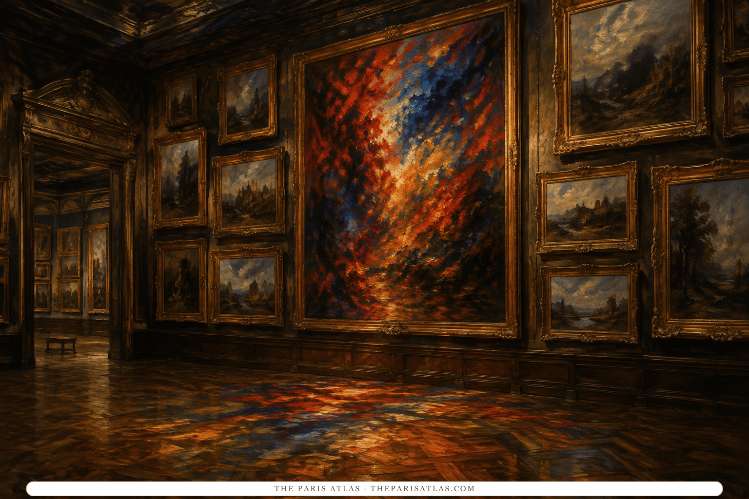 An empty nineteenth-century Salon glows with reflected crimson and cobalt from one turbulent central painting