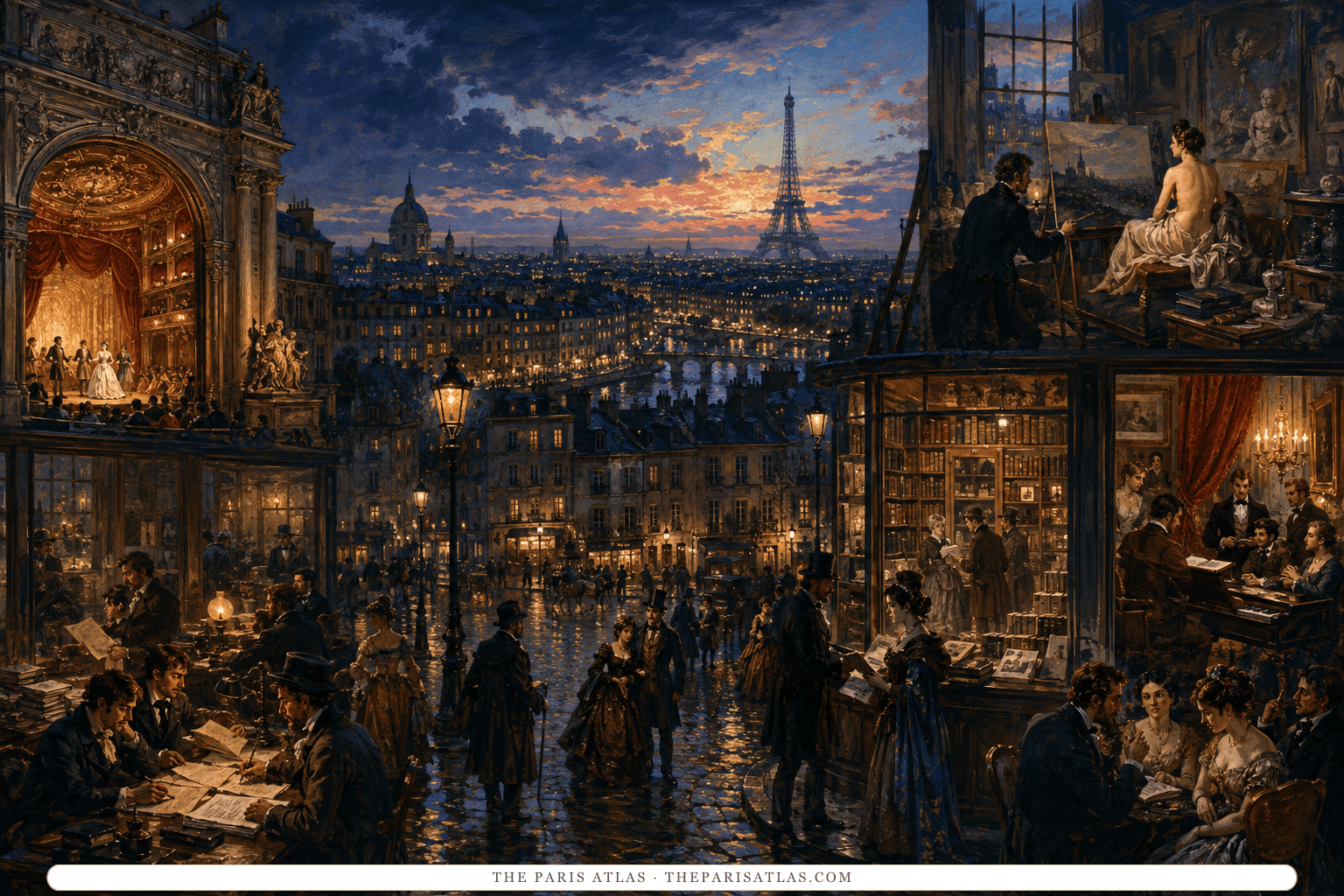 A luminous 1830s Paris panorama joins theatres, studios, newspaper offices, salons, and rain-dark streets
