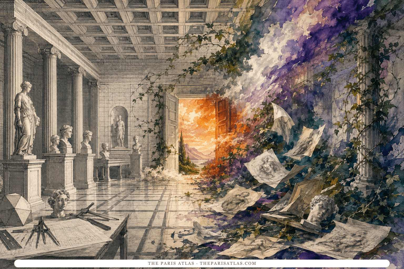 A measured neoclassical hall is disrupted by wind, vines, loose sketches, and a burst of violet and orange color
