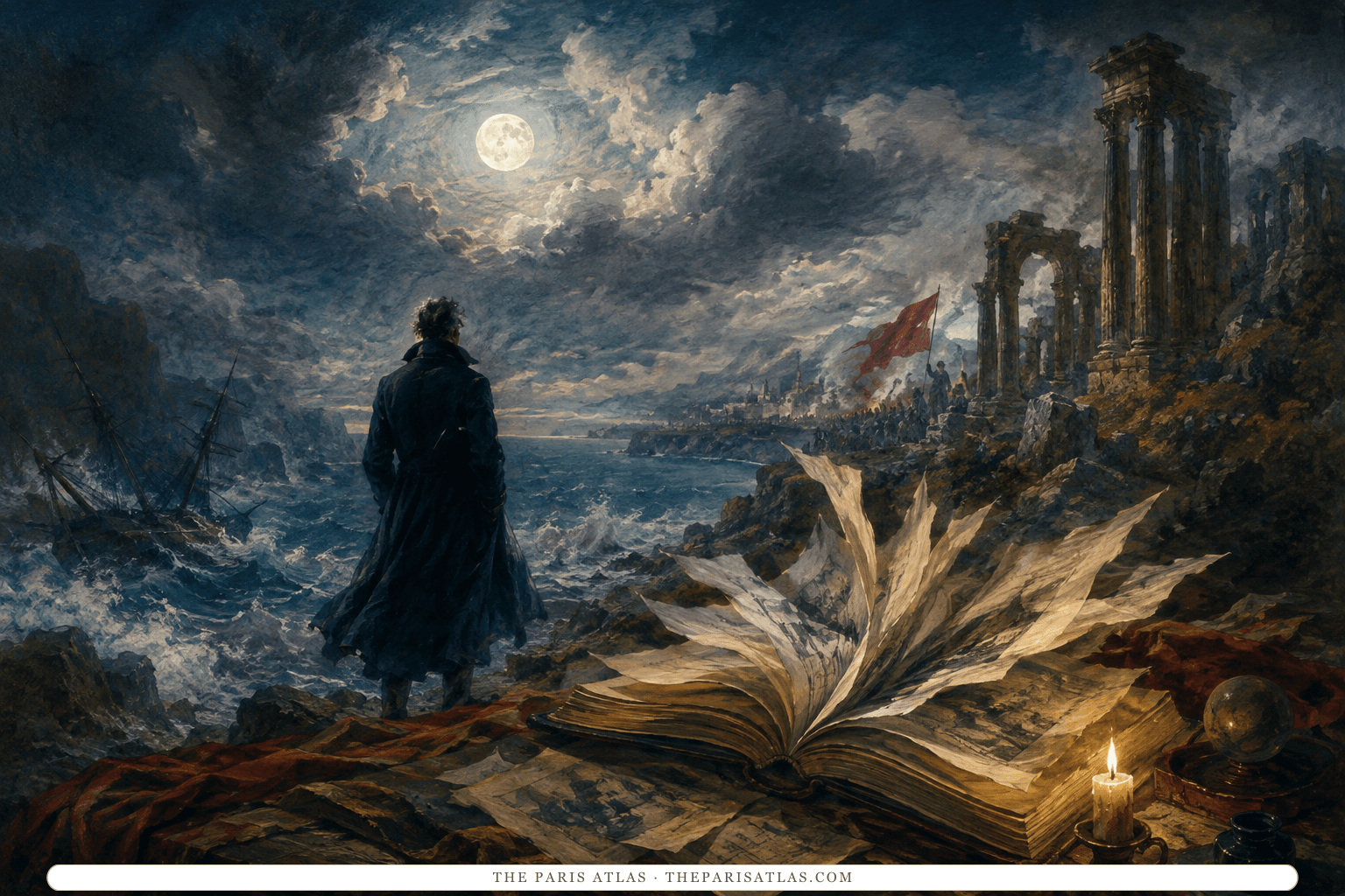 A solitary traveler faces a moonlit storm, ruined columns, distant red banners, and an open book caught by the wind